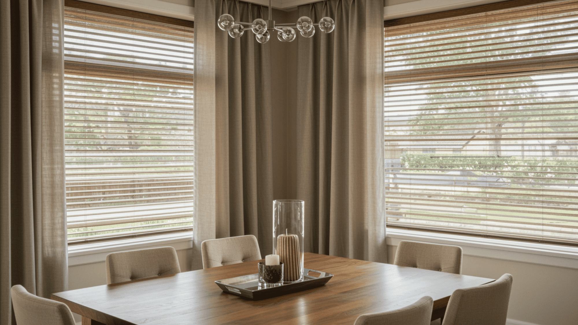 neutral colour roman shades in a classy small dining room