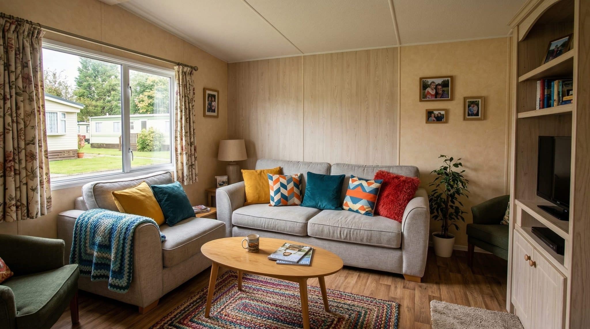 neutral sofa with colorful pillows in mobile home living room