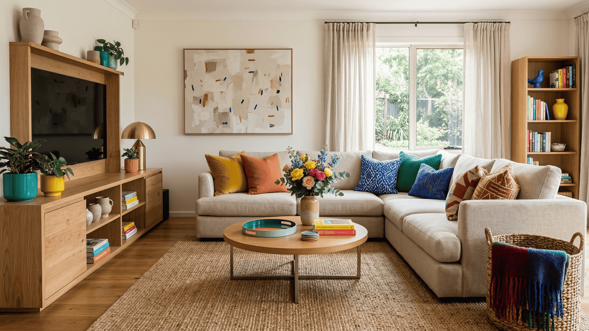 neutral tones with colorful accents in mobile home living room.
