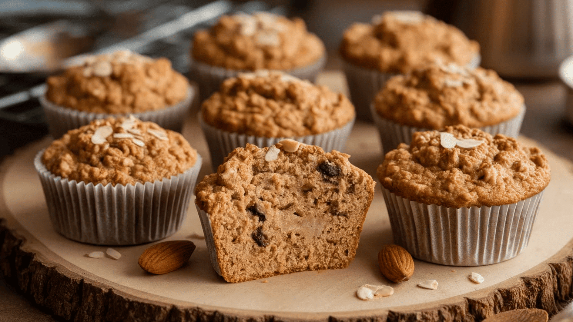oatmeal muffins with almonds, with one muffin cut in half to show the interior, on a wooden surface