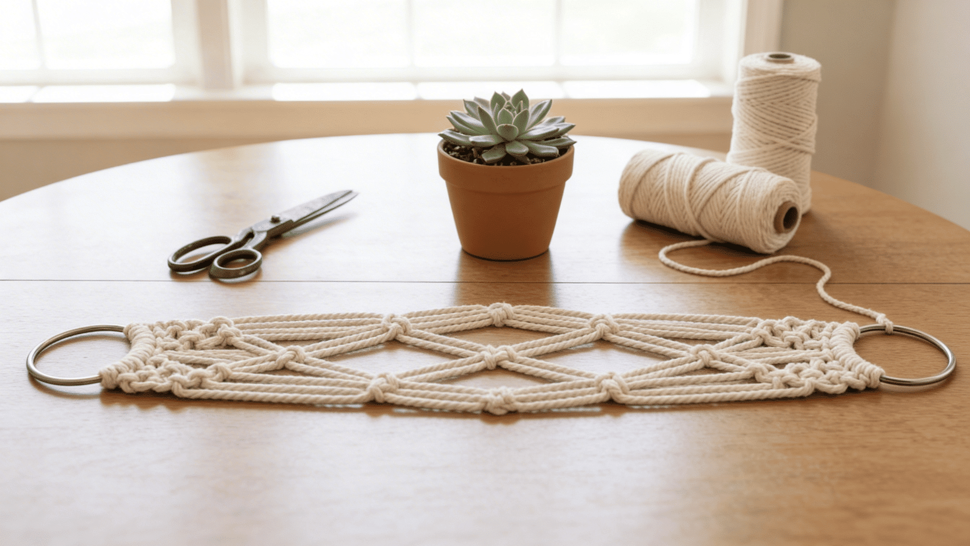 off-white macramé plant hanger in progress on a wooden table with scissors, a potted succulent, and spools of cotton cord.