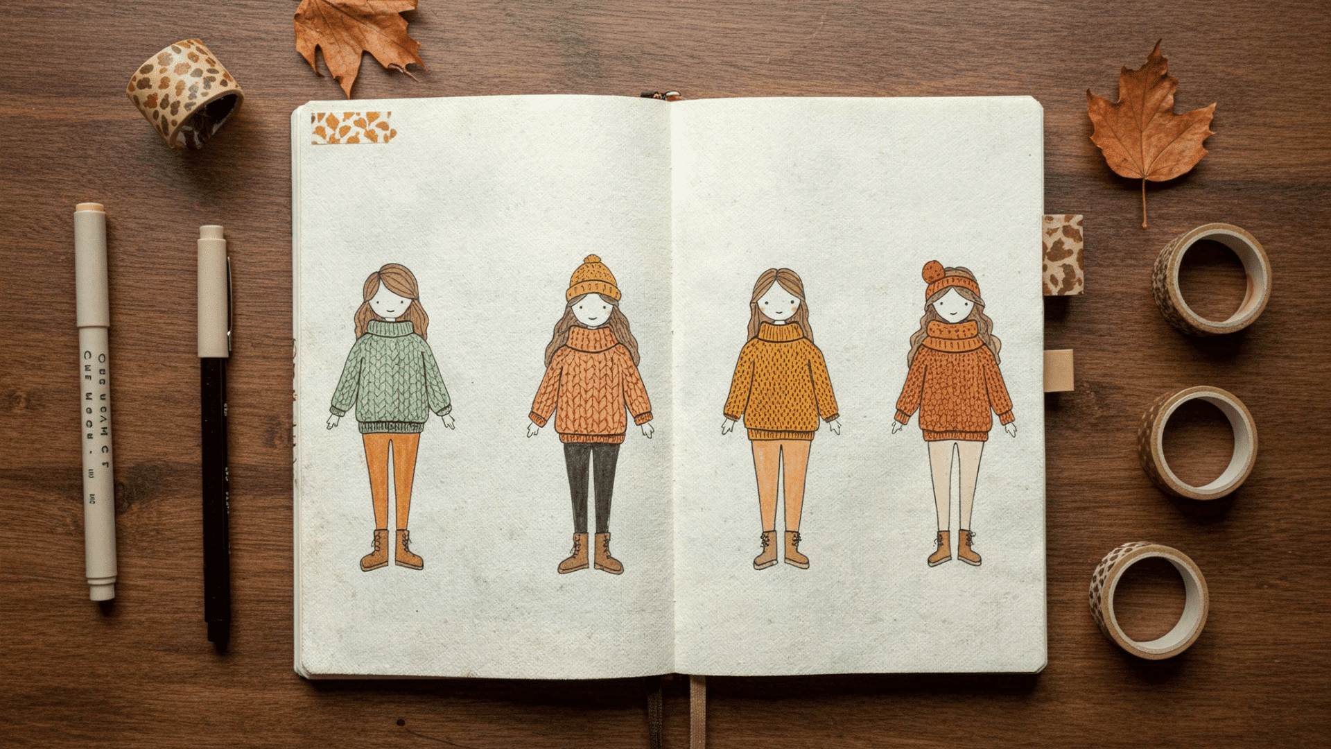 open bullet journal on a wooden desk featuring hand-drawn paper dolls in cozy autumn outfits, surrounded by washi tape rolls, pens, and dried leaves in warm fall tones.