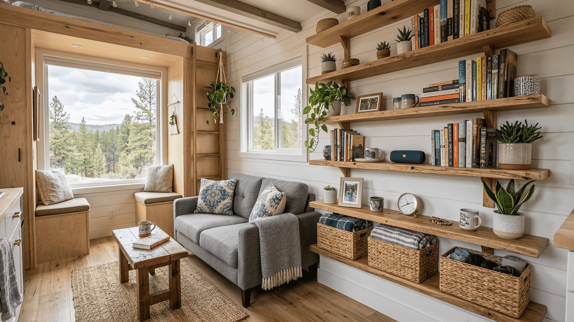 open shelving for storage in a mobile home living room