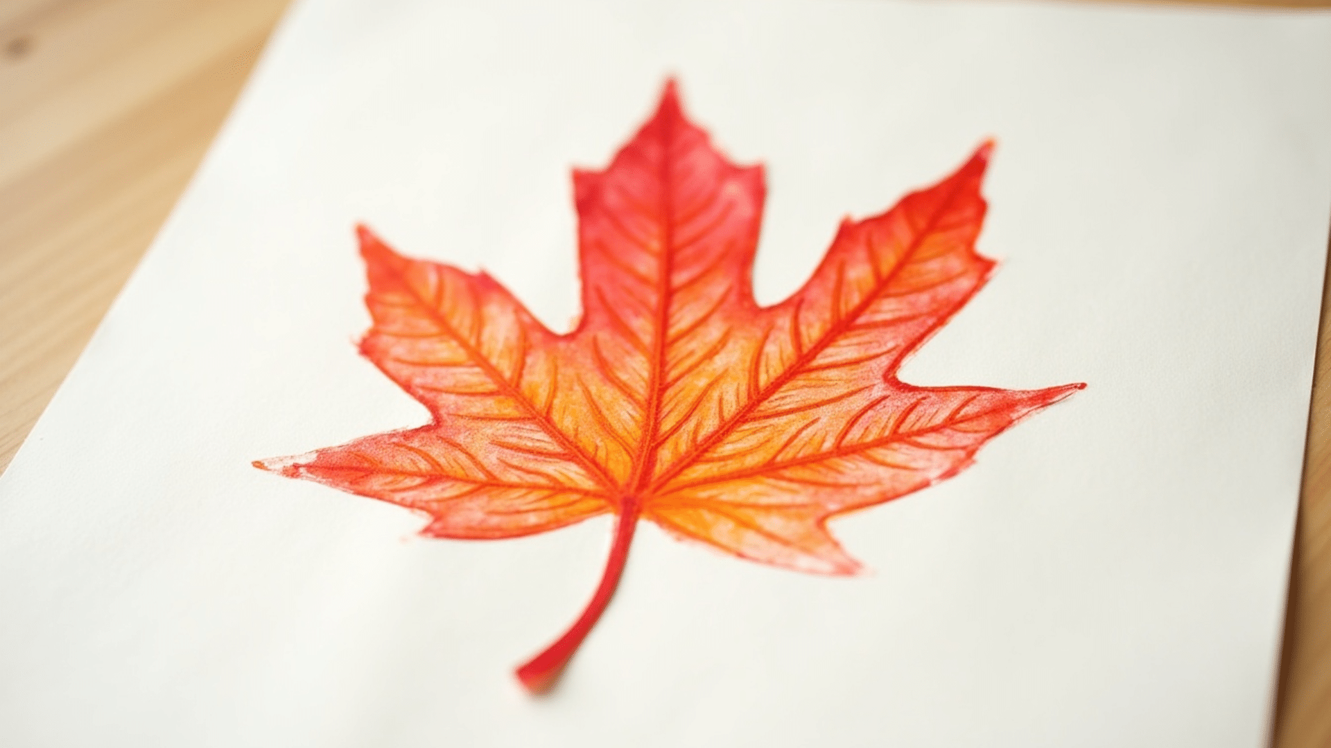 orange leaf prints on white paper showing detailed vein impressions made with tempera paint