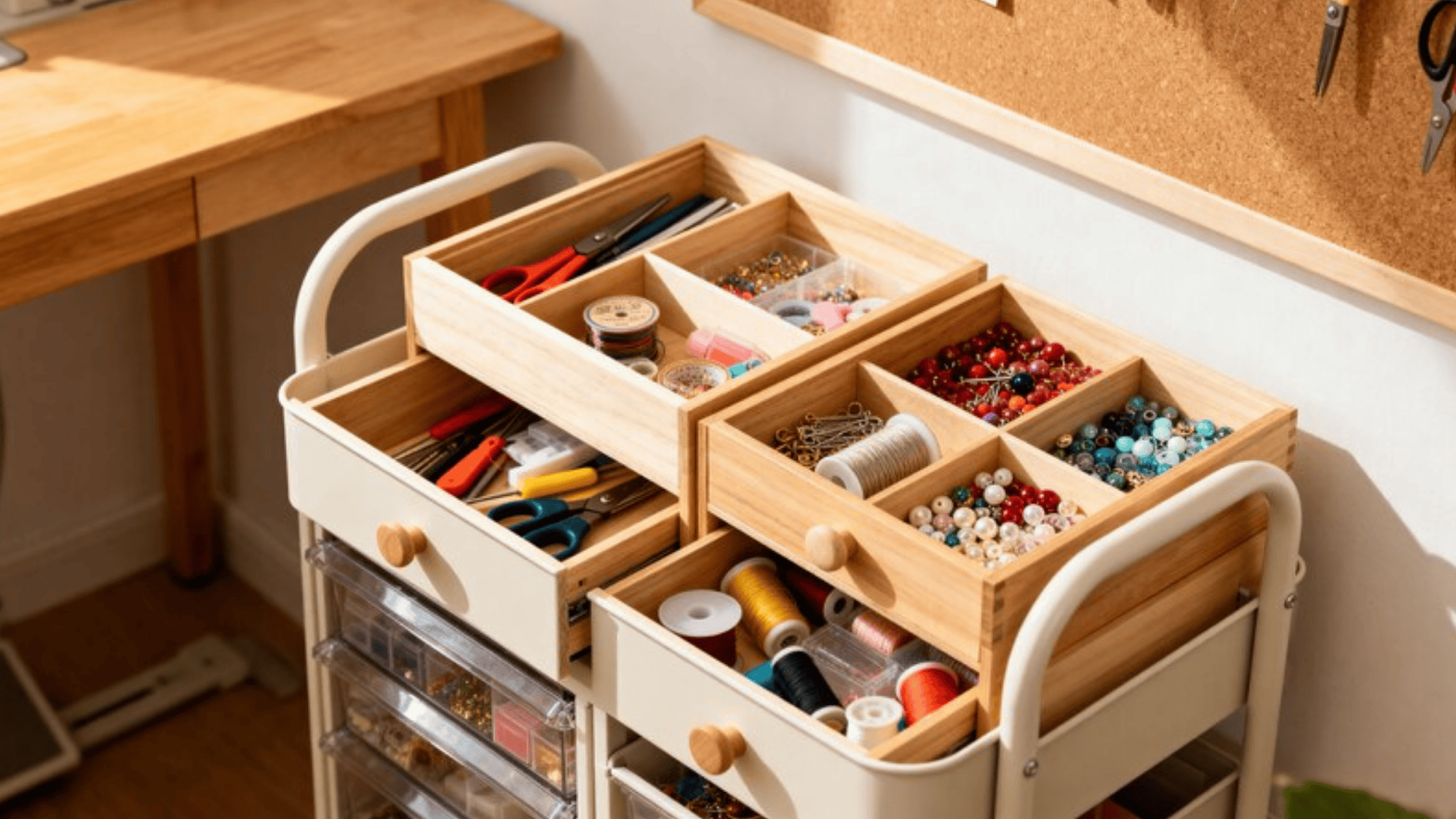 organized craft cart with wooden drawers filled with colorful beads, thread spools, scissors, and other crafting supplies, next to a corkboard and workspace