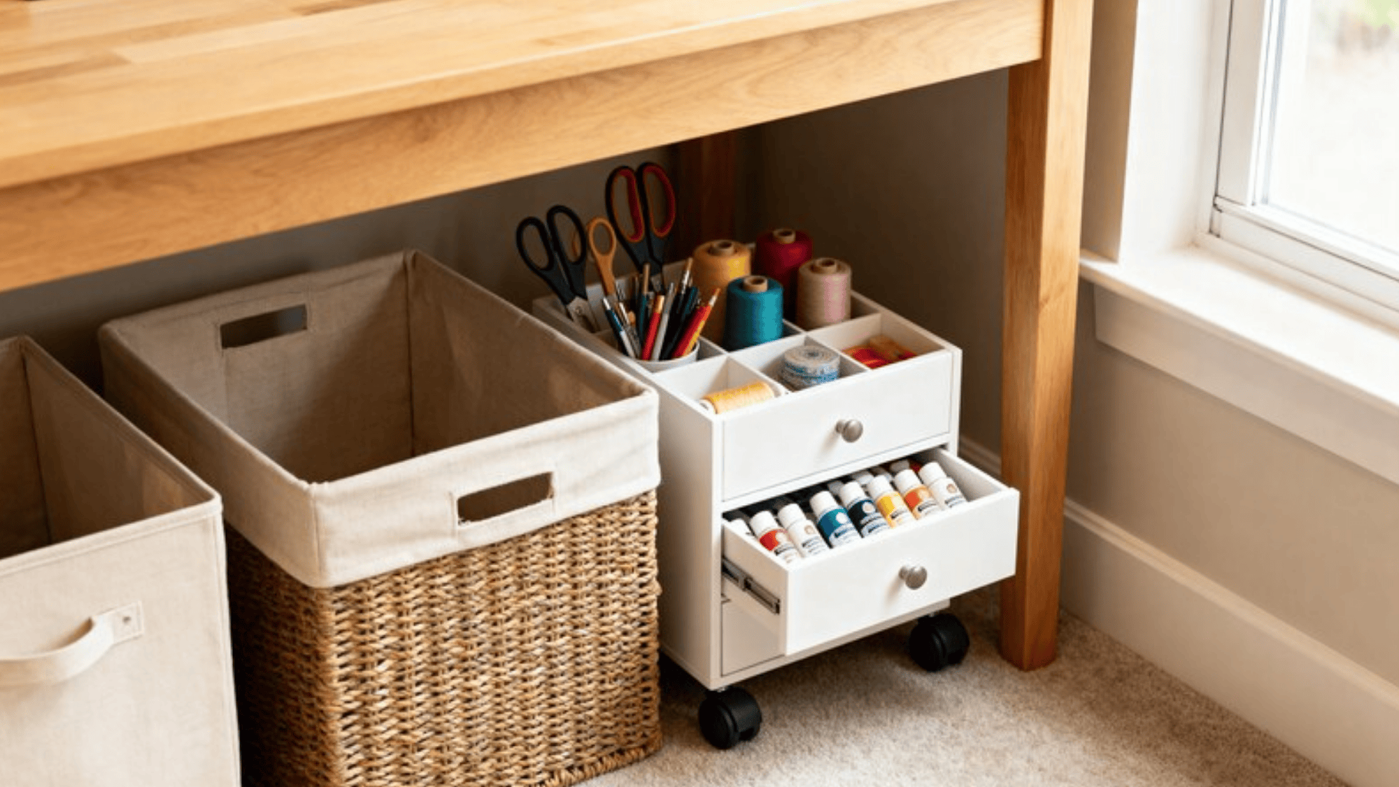 organized craft storage under a table, featuring a rolling drawer unit filled with paint tubes, colorful thread spools, and markers, along with fabric baskets nearby
