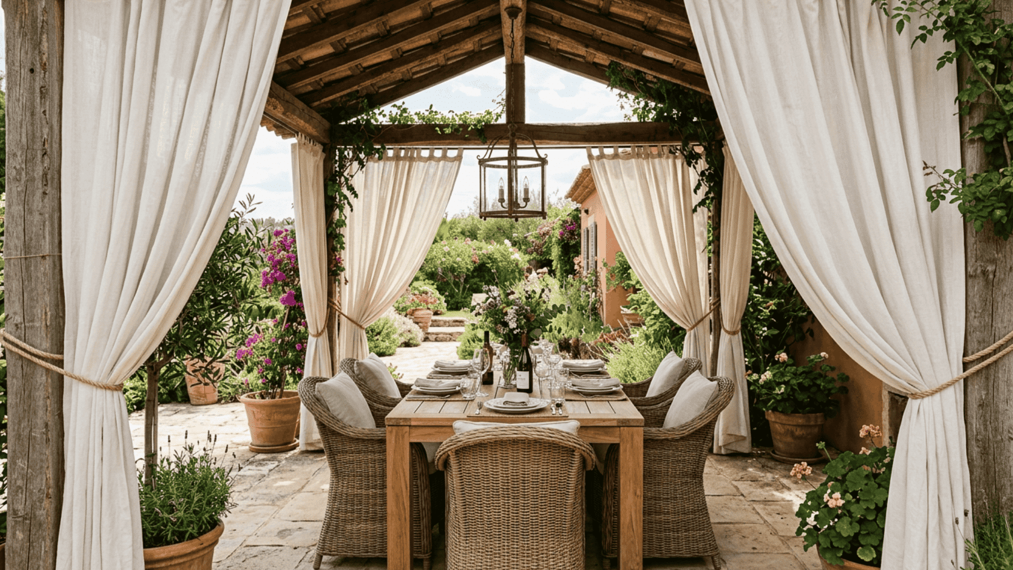 outdoor curtain creating a comfortable outdoor dining space by blocking sunlight