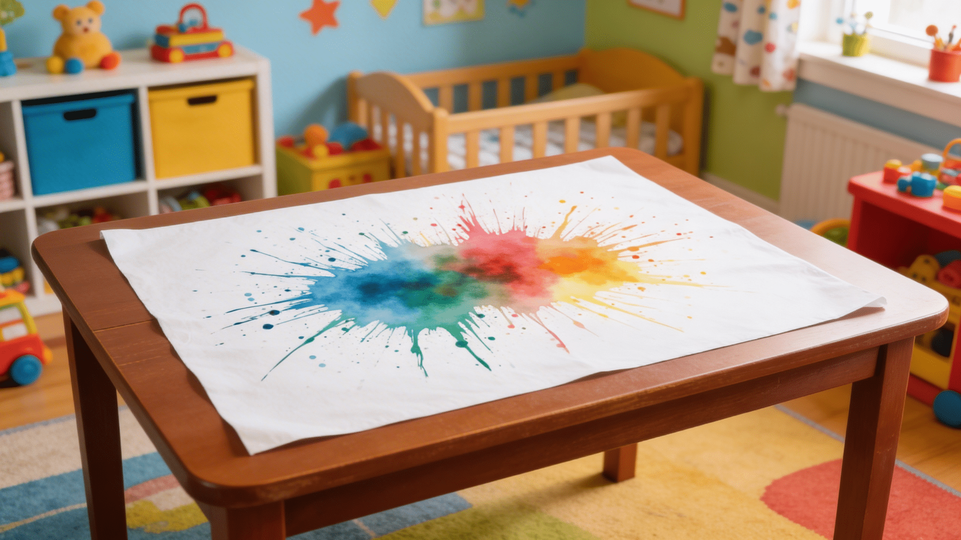 paint streaks blown outward across white paper in random branching patterns