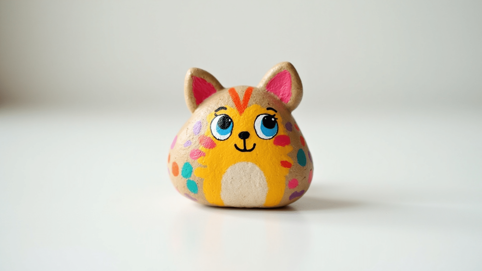 painted rock pet decorated with bright acrylic colors and cute animal face details on smooth stone