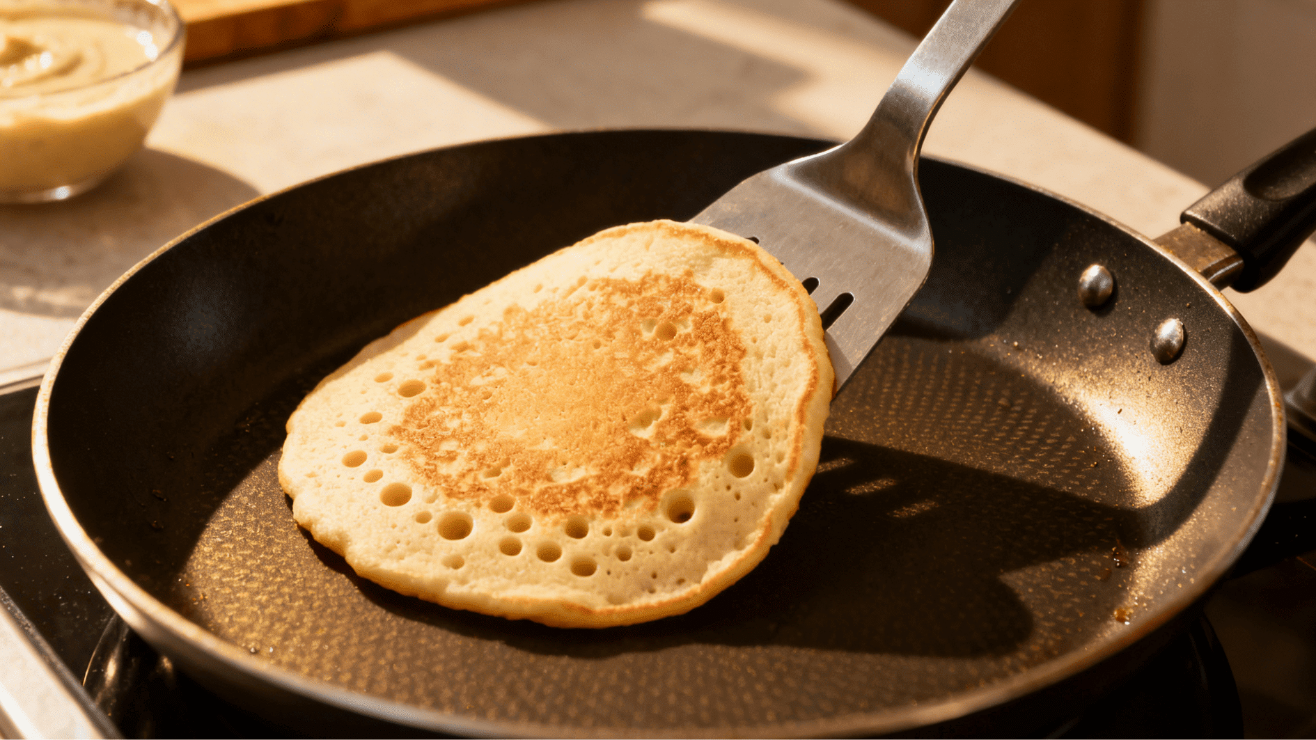pancake cooking in a heated pan with small bubbles forming on the surface showing it is ready to flip during breakfast preparation