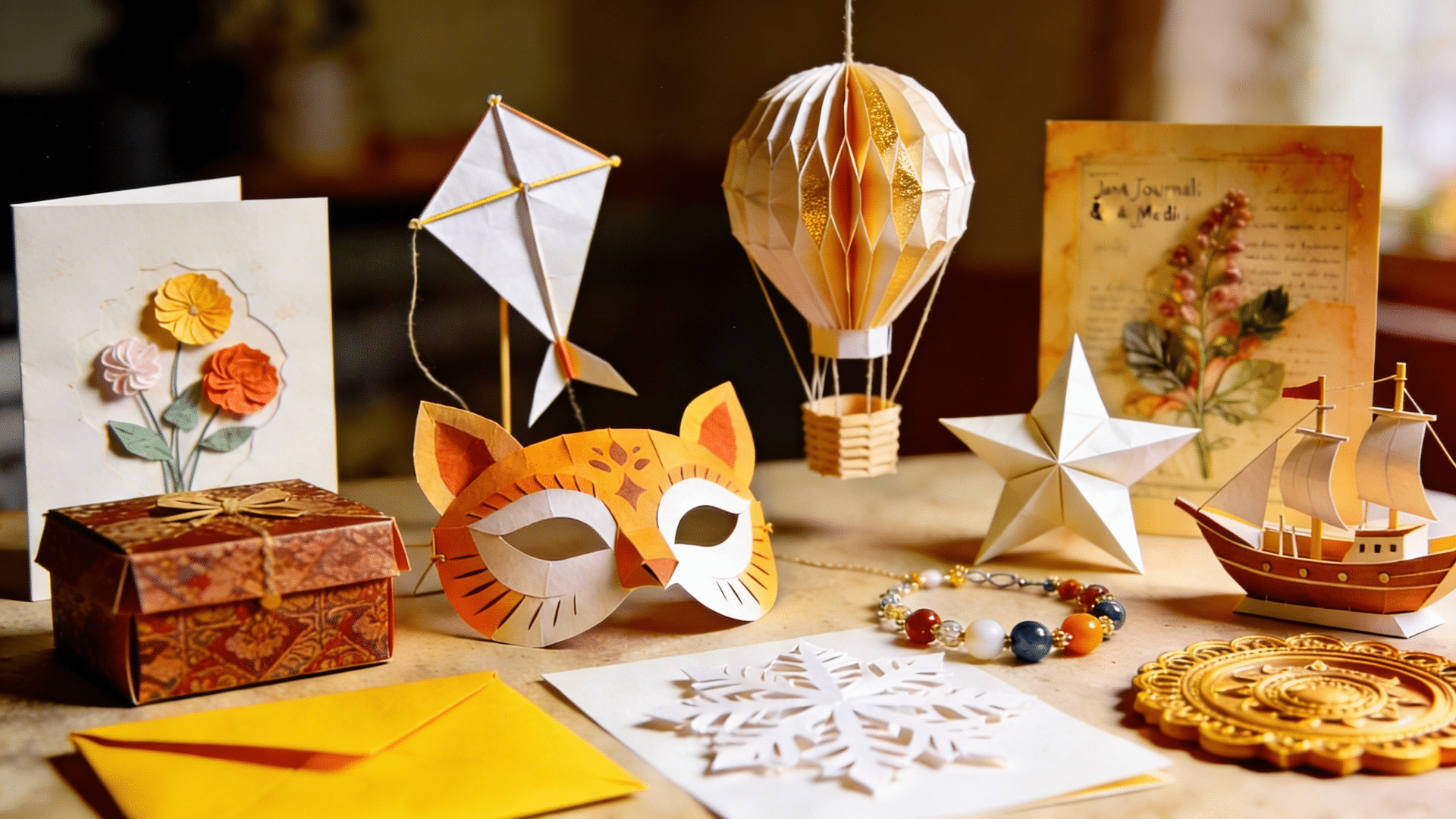 paper crafts for adults showing quilling art,+origami+shapes,+and+layered+paper+designs+displayed+on+a+craft+table