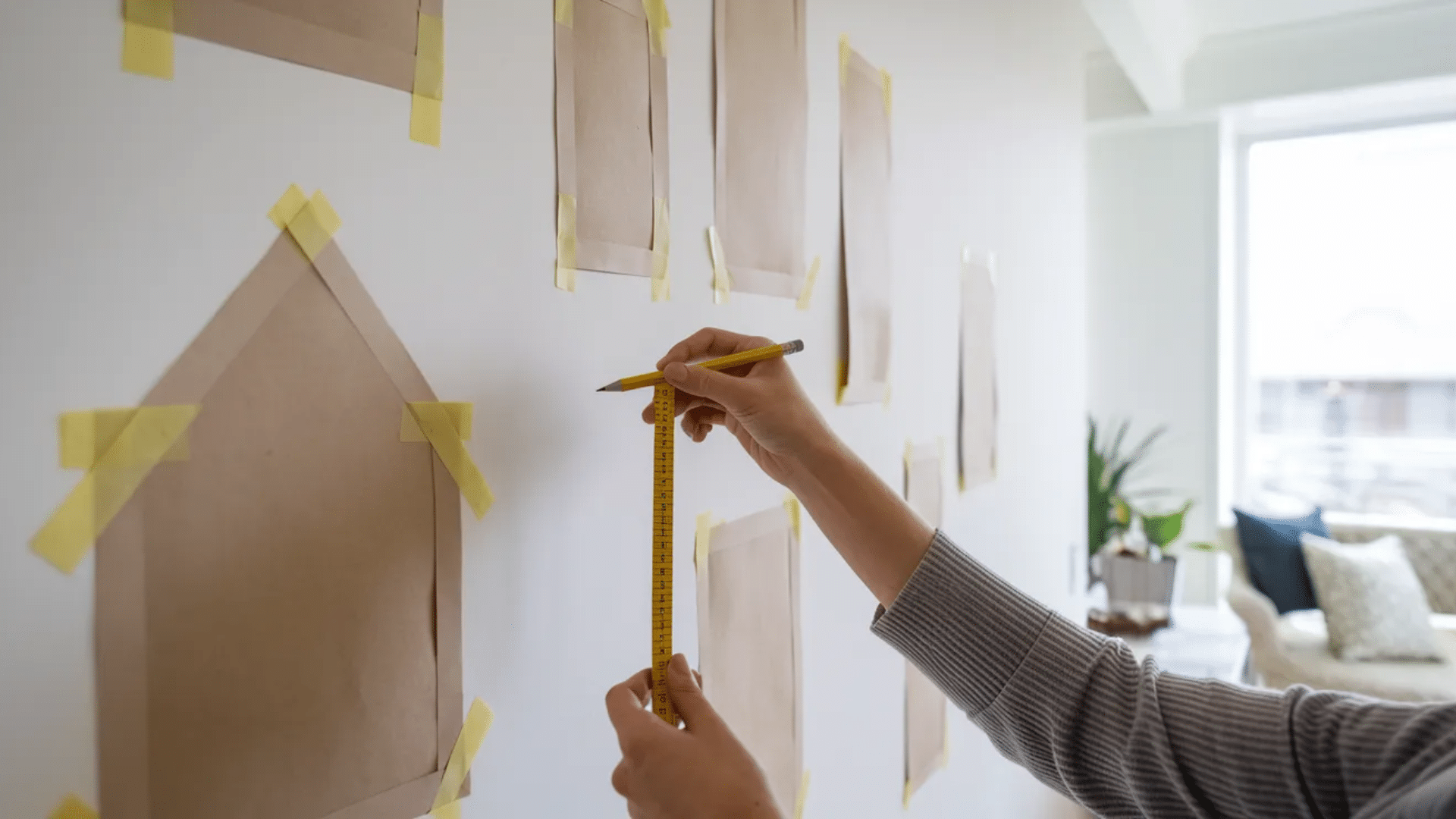 paper templates taped to a wall showing picture frame layout while a person adjusts spacing before hanging artwork