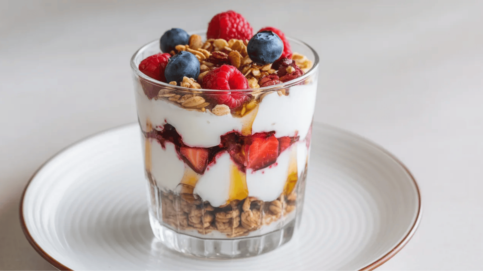 parfait glass layered with yogurt, granola, strawberries, raspberries, and blueberries