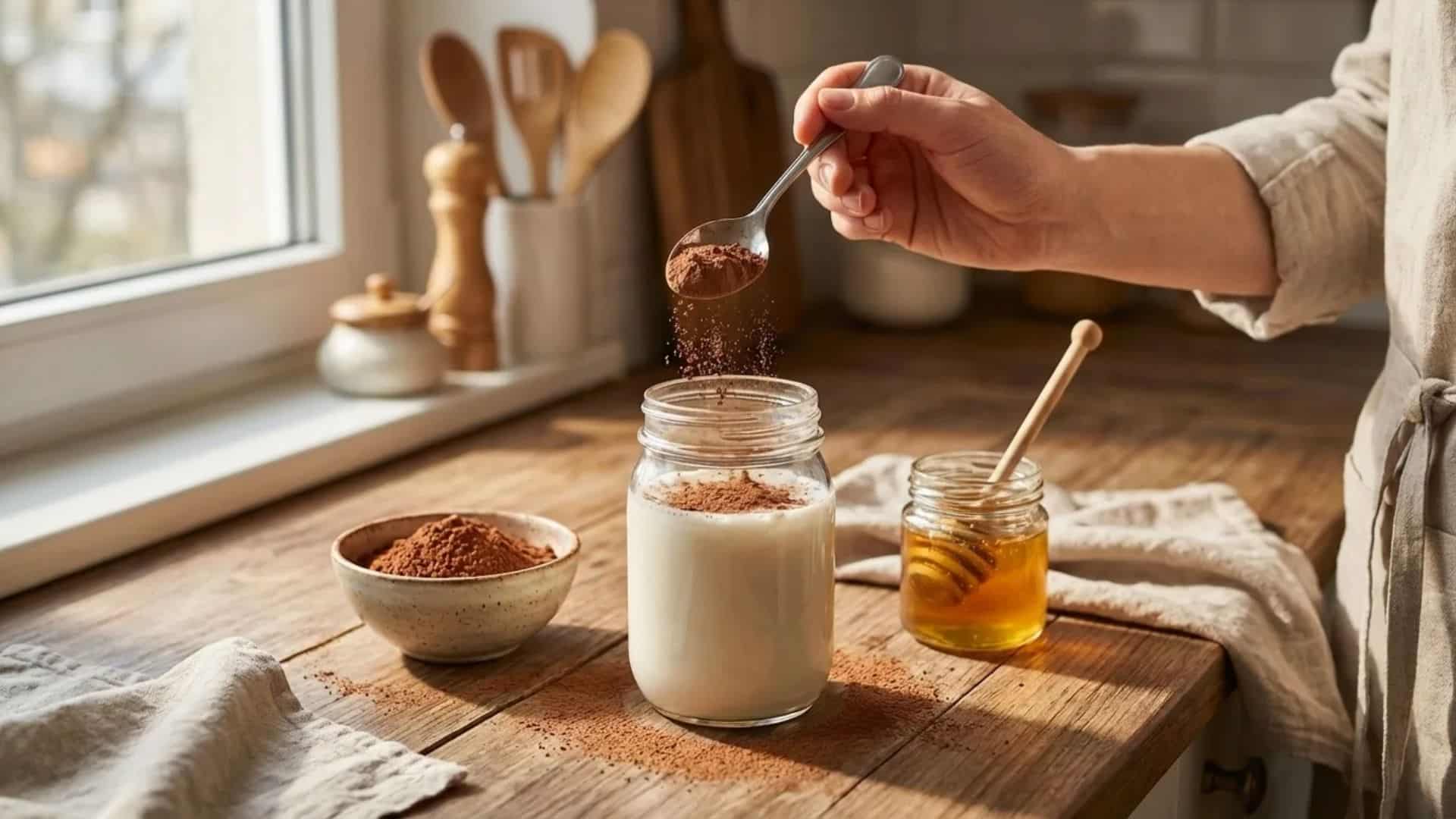 person adding cocoa powder with a spoon into a jar of milk on a wooden kitchen counter, with a bowl of cocoa powder and a jar of honey nearby in a naturally lit kitchen
