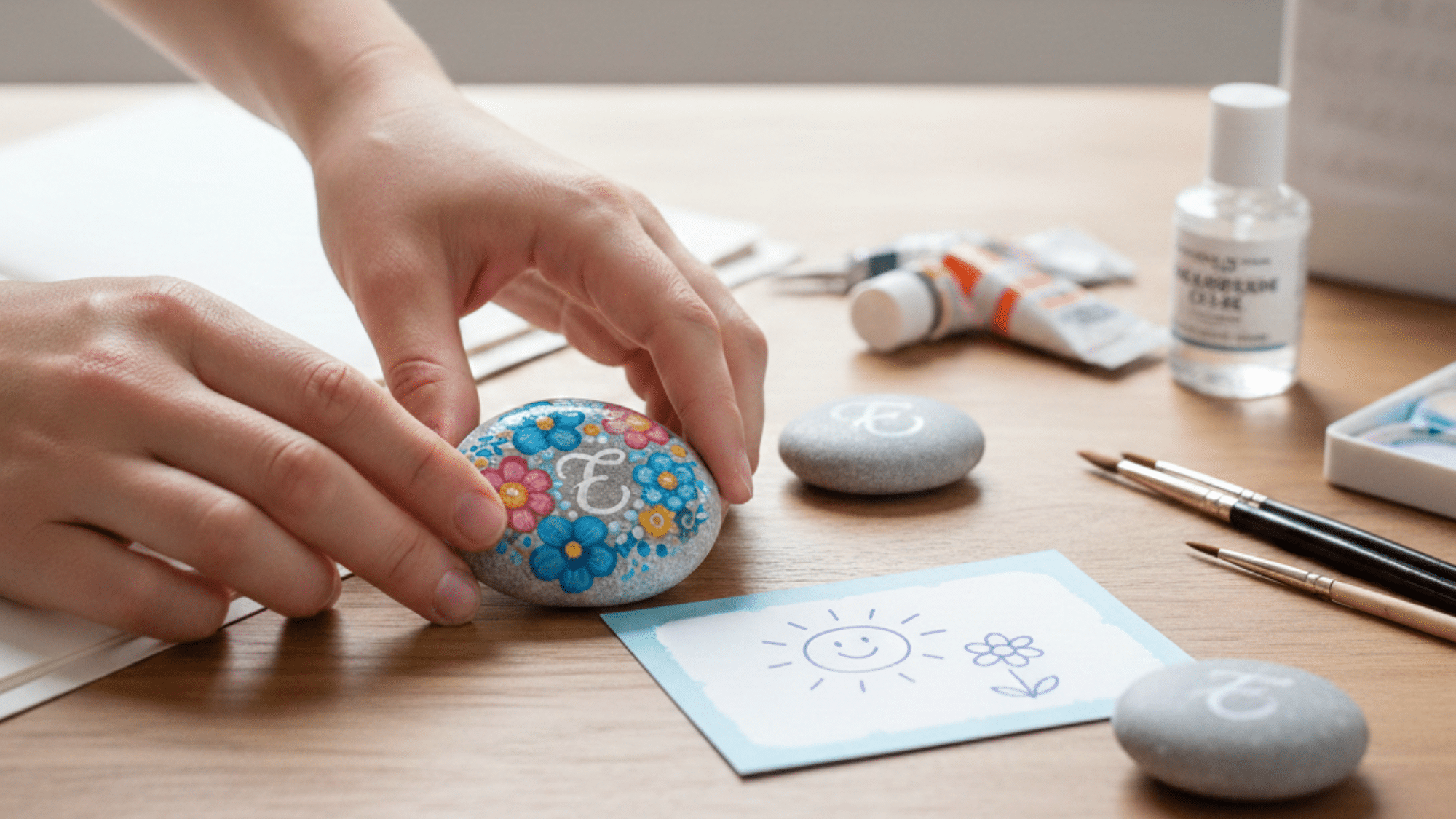person decorates a stone with colorful flowers and a smiley face while working on a craft table with paints and brushes.