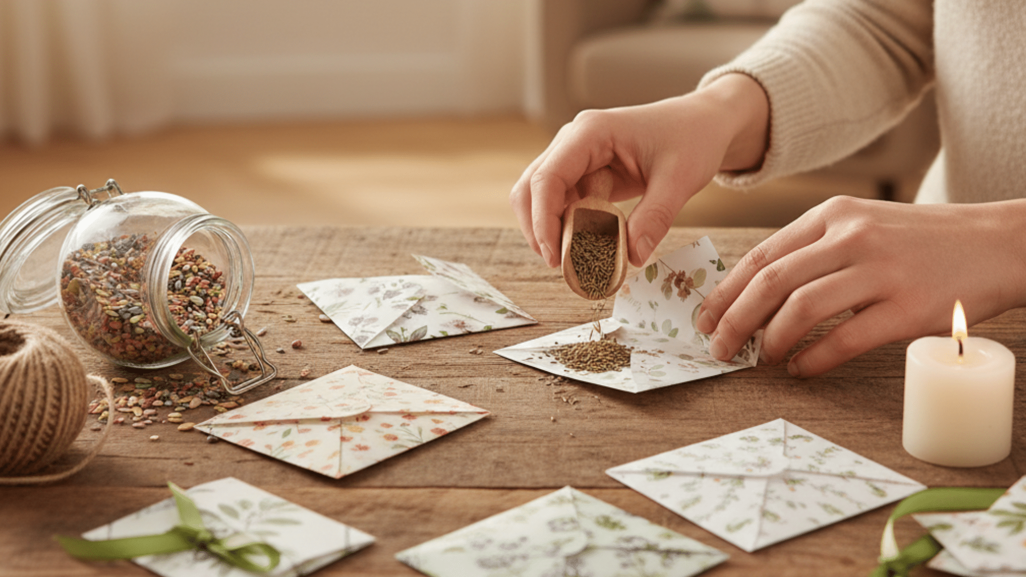 person prepares handmade seed packets with floral designs, filling them with seeds while working on a wooden table.