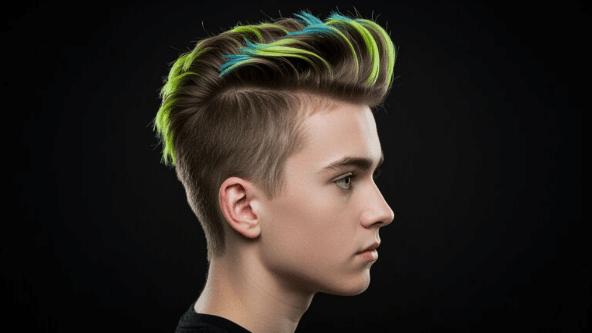 person with a stylish, spiked hairstyle featuring bright neon green and blue highlights