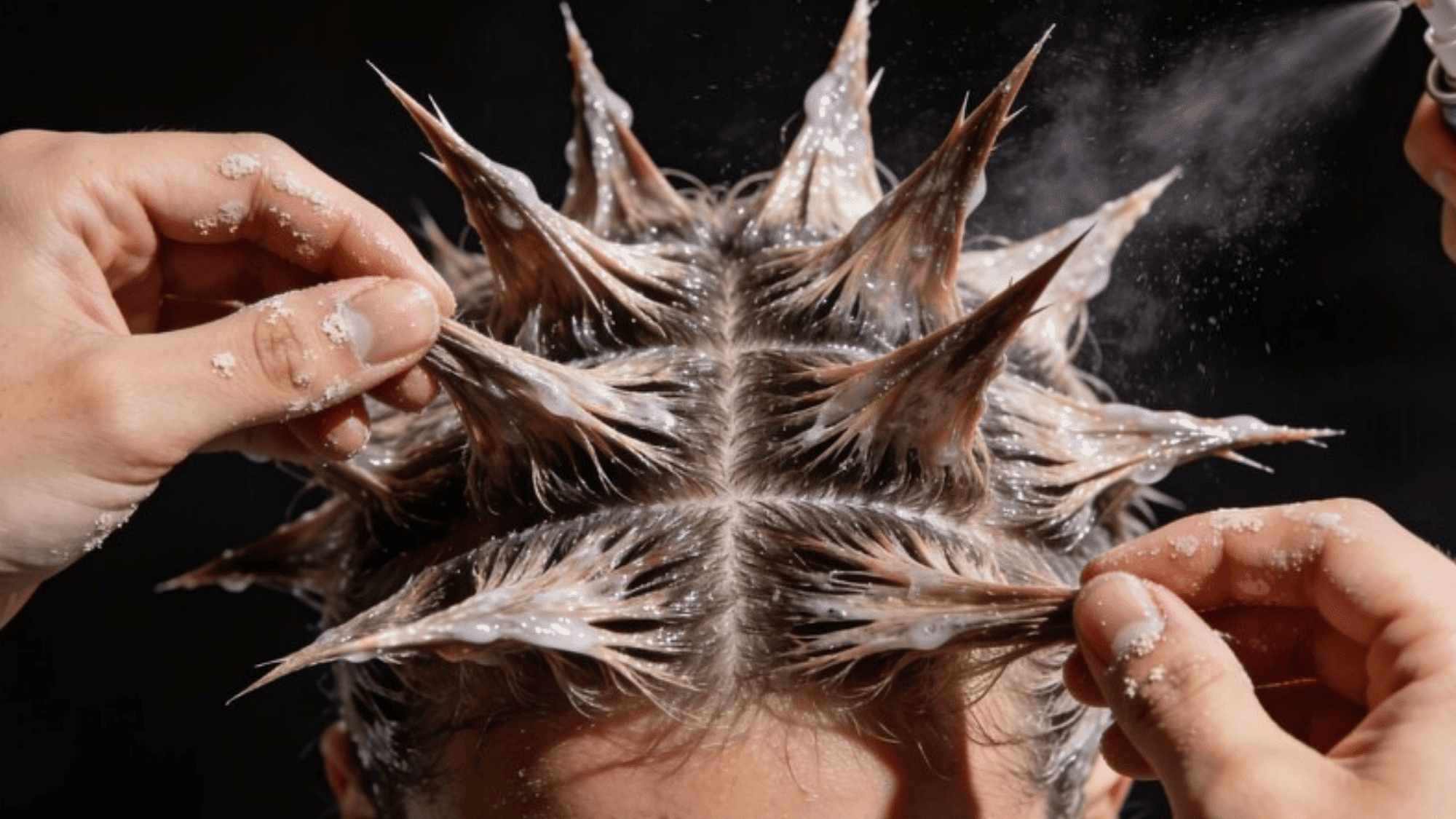 person’s spiked hairstyle being styled with gel and hairspray, with hands shaping the individual spikes