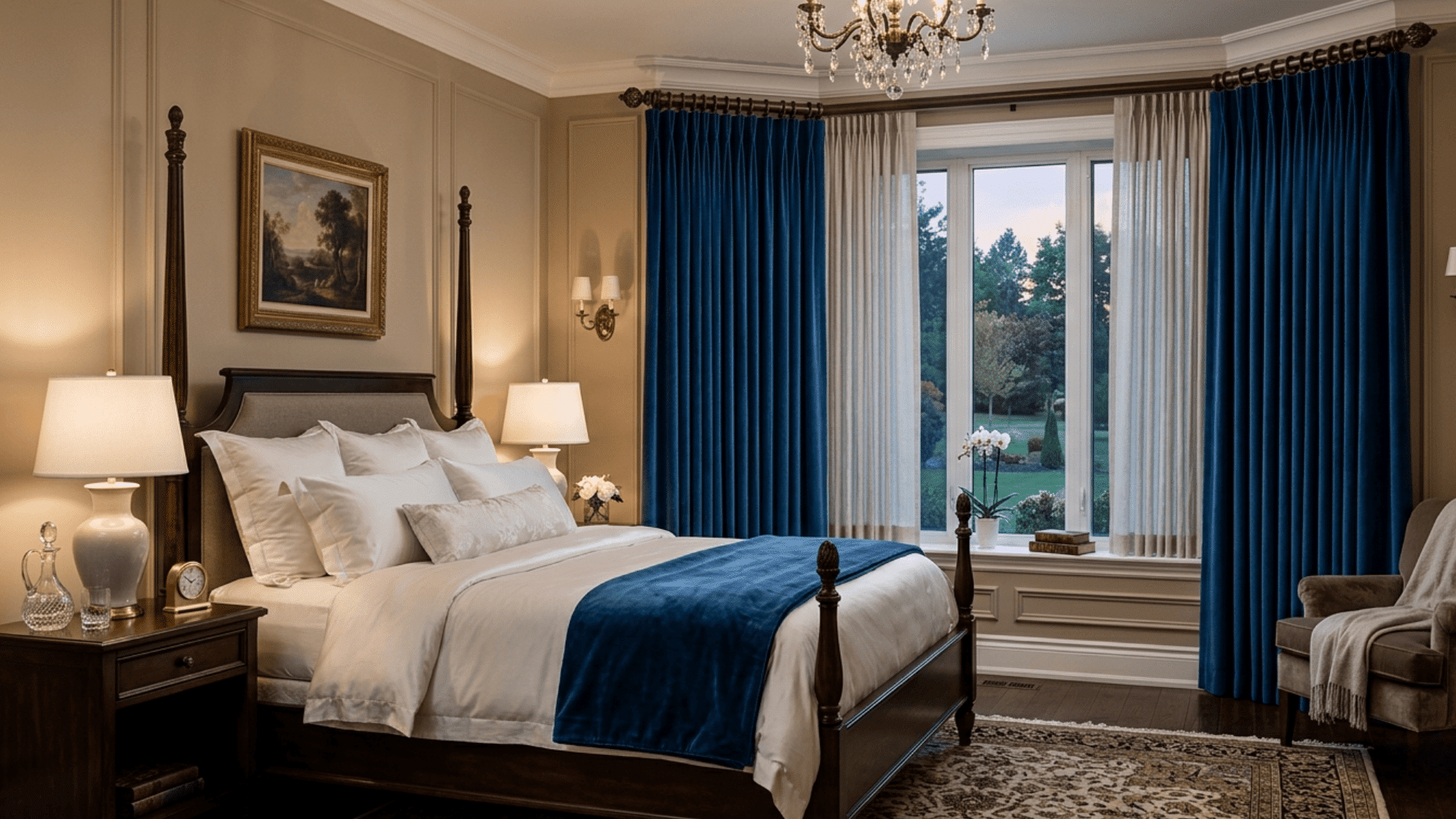 pinch pleats curtain giving luxury and elegant look to a formal bedroom