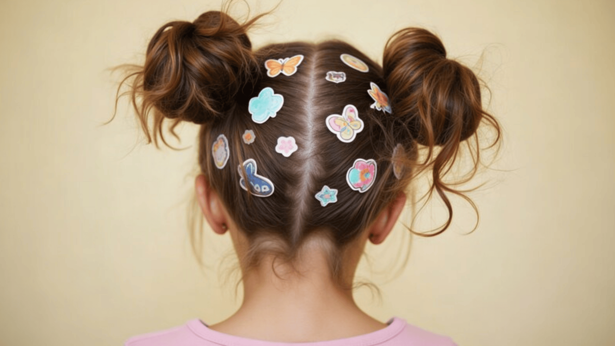 playful hairstyle with two buns decorated with colorful butterfly and flower stickers, set against a soft yellow background