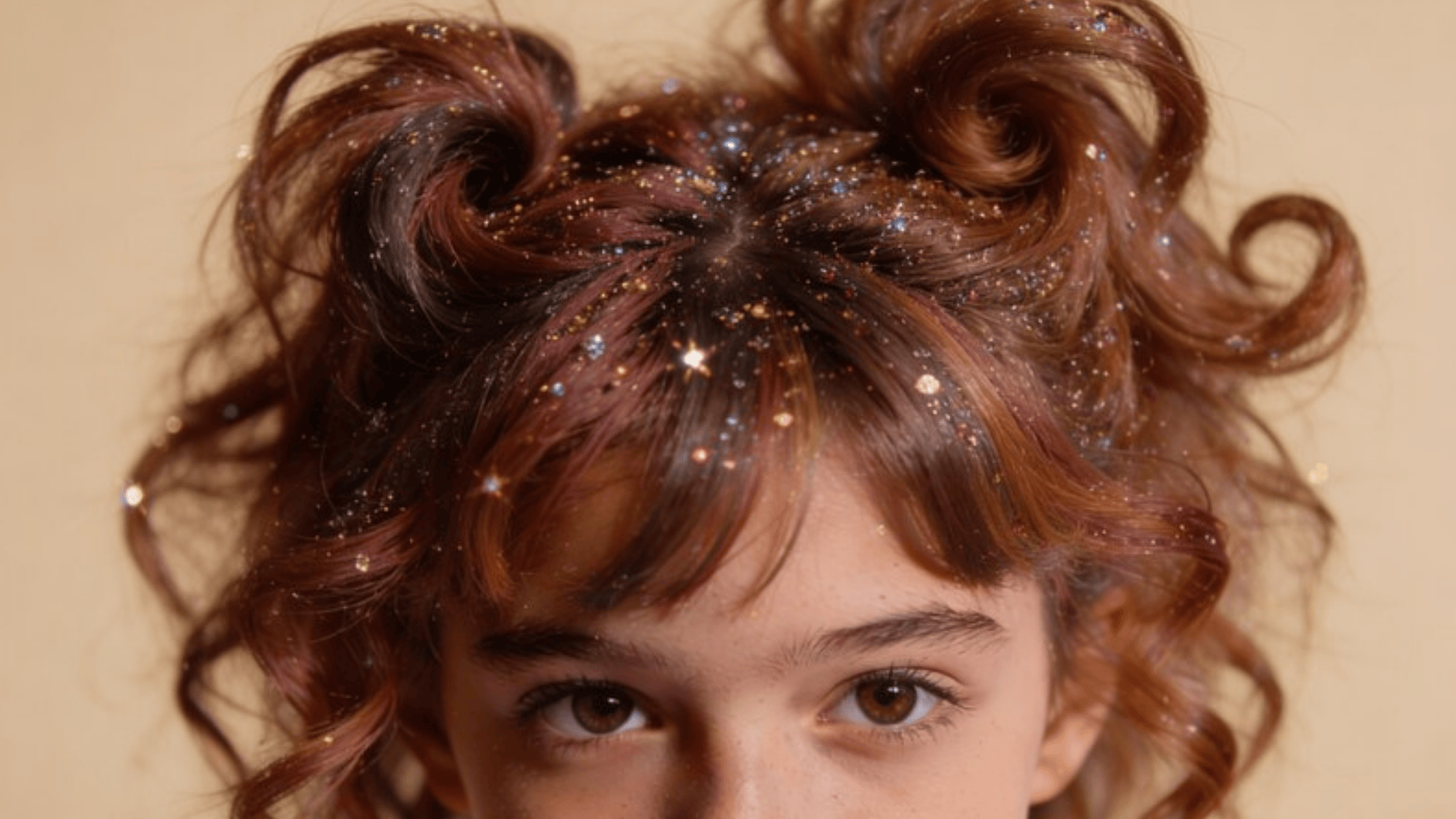 playful hairstyle with two curly buns adorned with shimmering glitter, adding a magical touch to the look