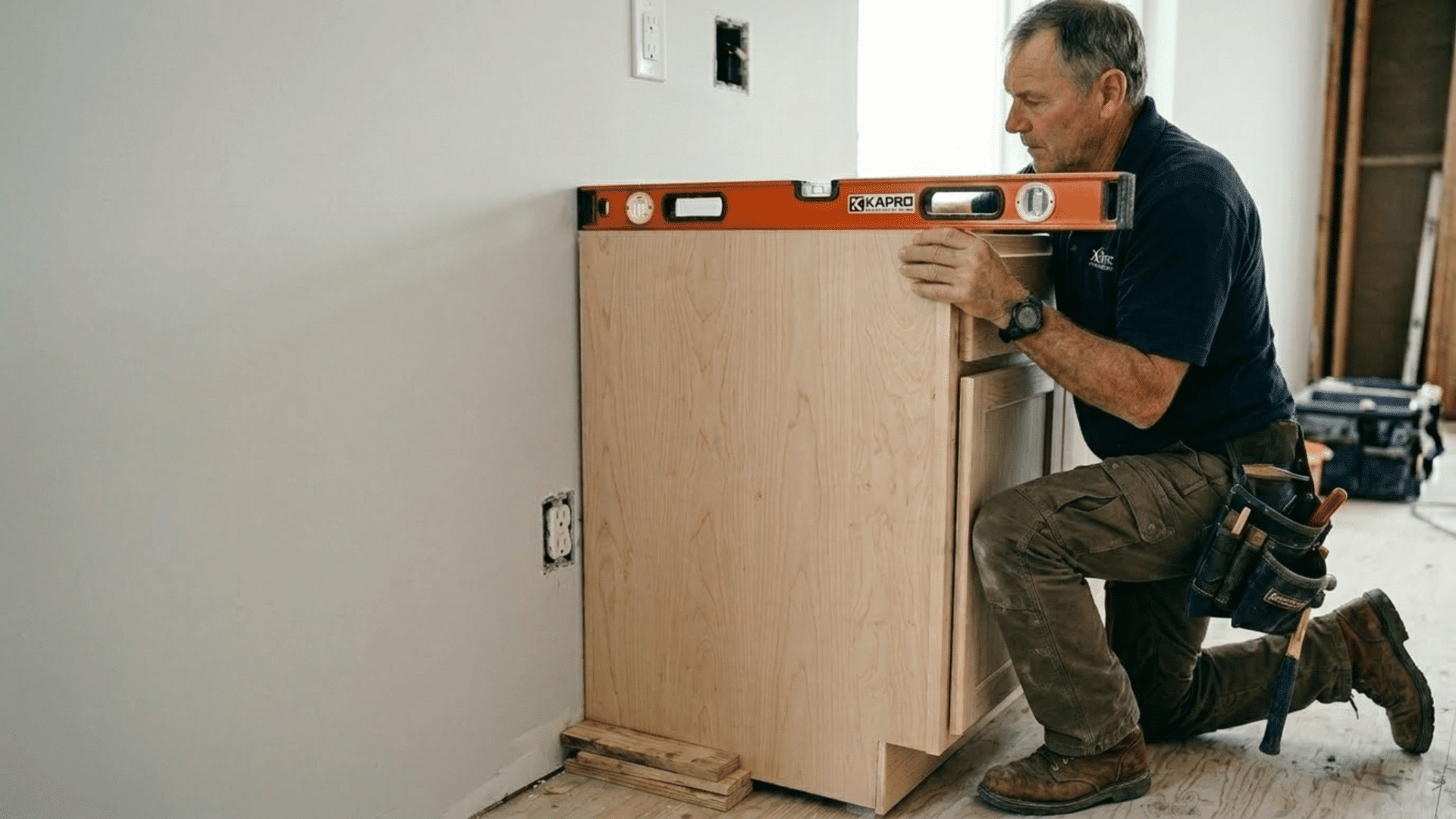 positioning a base cabinet aligned with a reference line and using shims to level it on an uneven floor