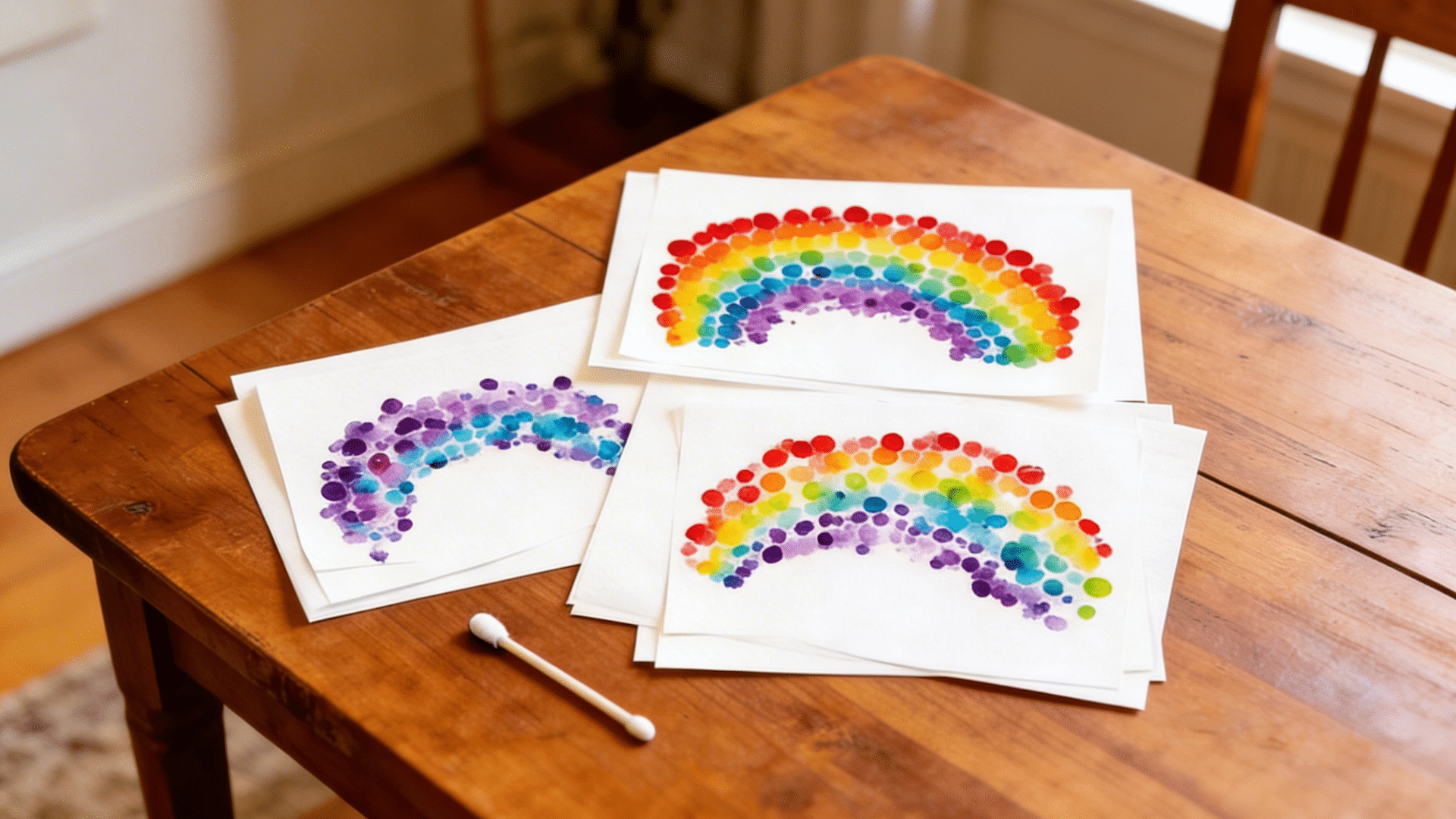 rainbow shape filled with rows of small paint dots in each color of the spectrum