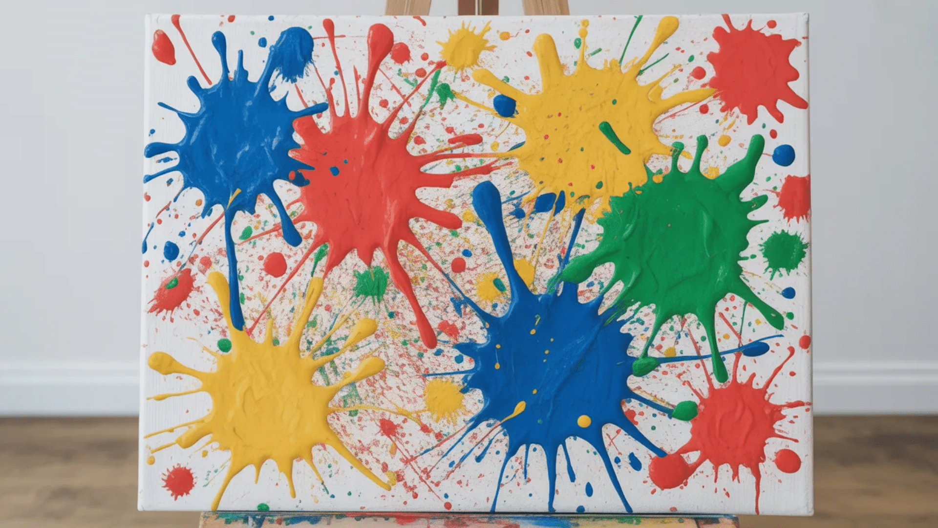 random red yellow and blue paint splatters and drips across a white canvas
