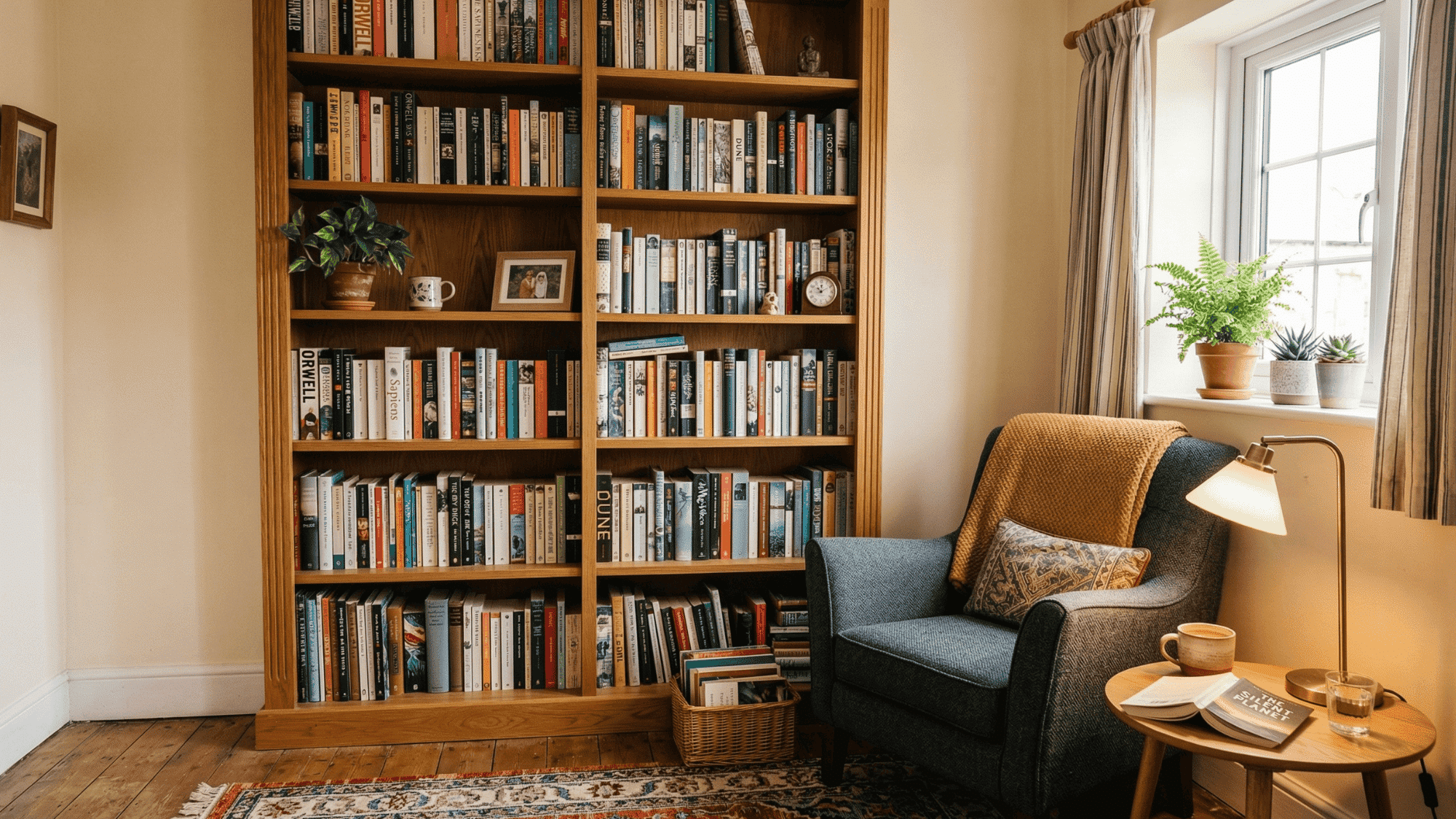 reading nook with comfy chair and soft lighting in mobile home