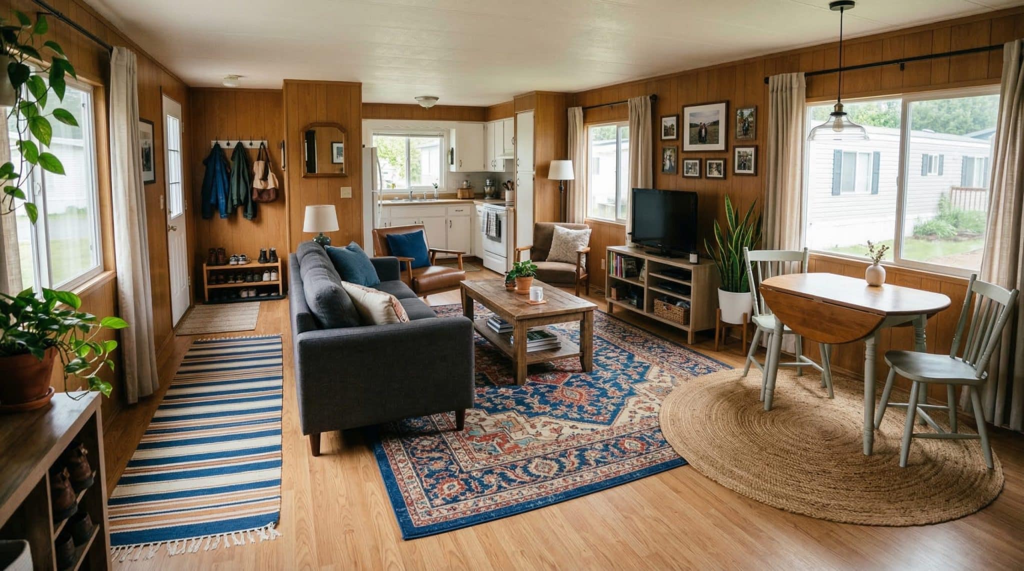 rugs to define space in a mobile living room