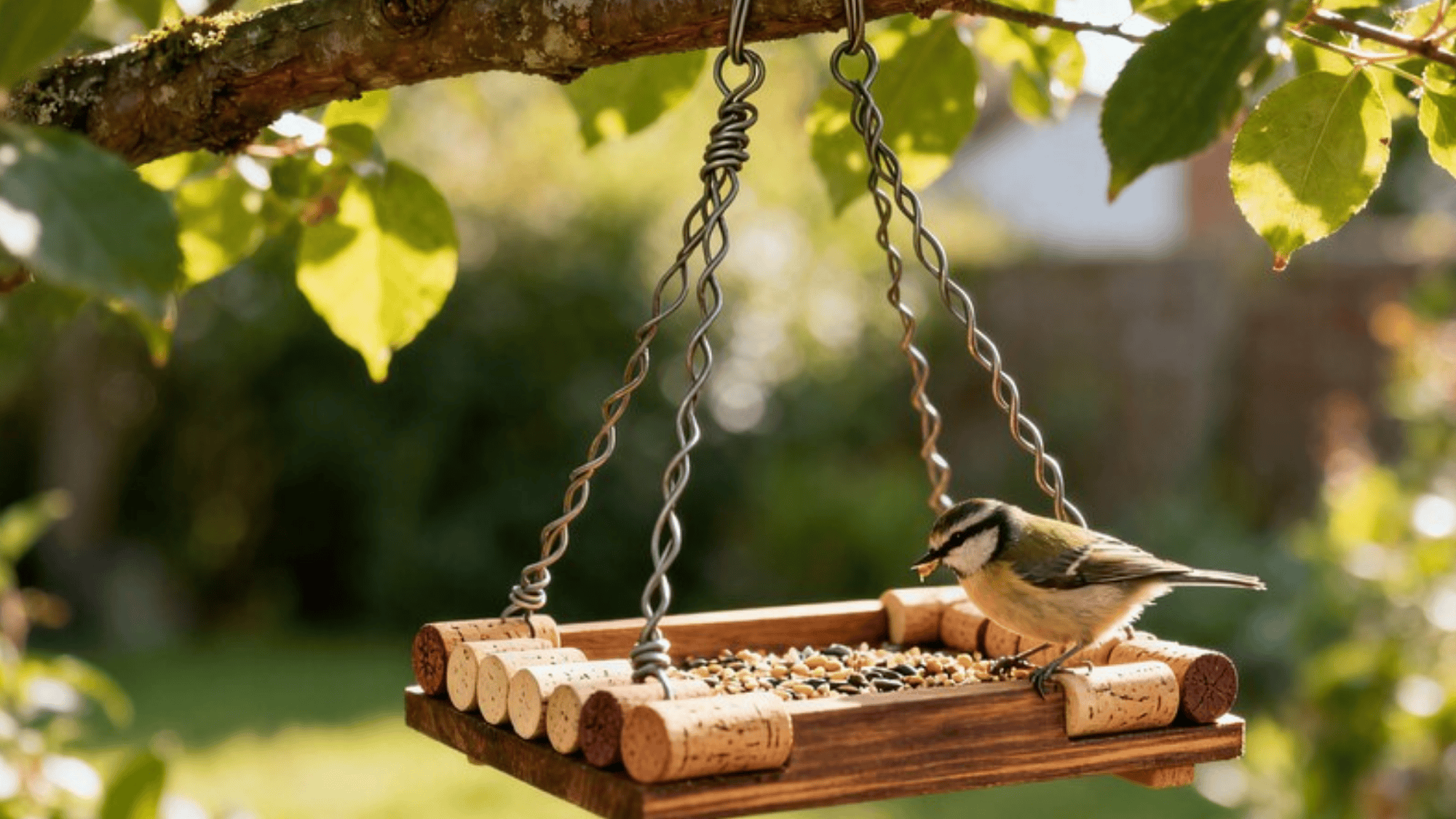 rustic DIY bird feeder with wine corks around the edges of a wooden tray, hanging from a tree branch, small bird perched on the edge eating seeds