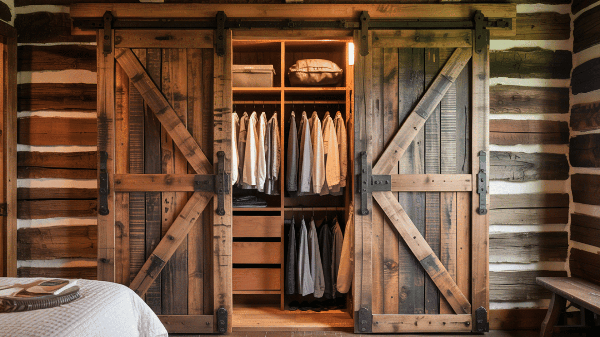 rustic cabin bedroom featuring barn doors and wooden wall accents with a cozy design.