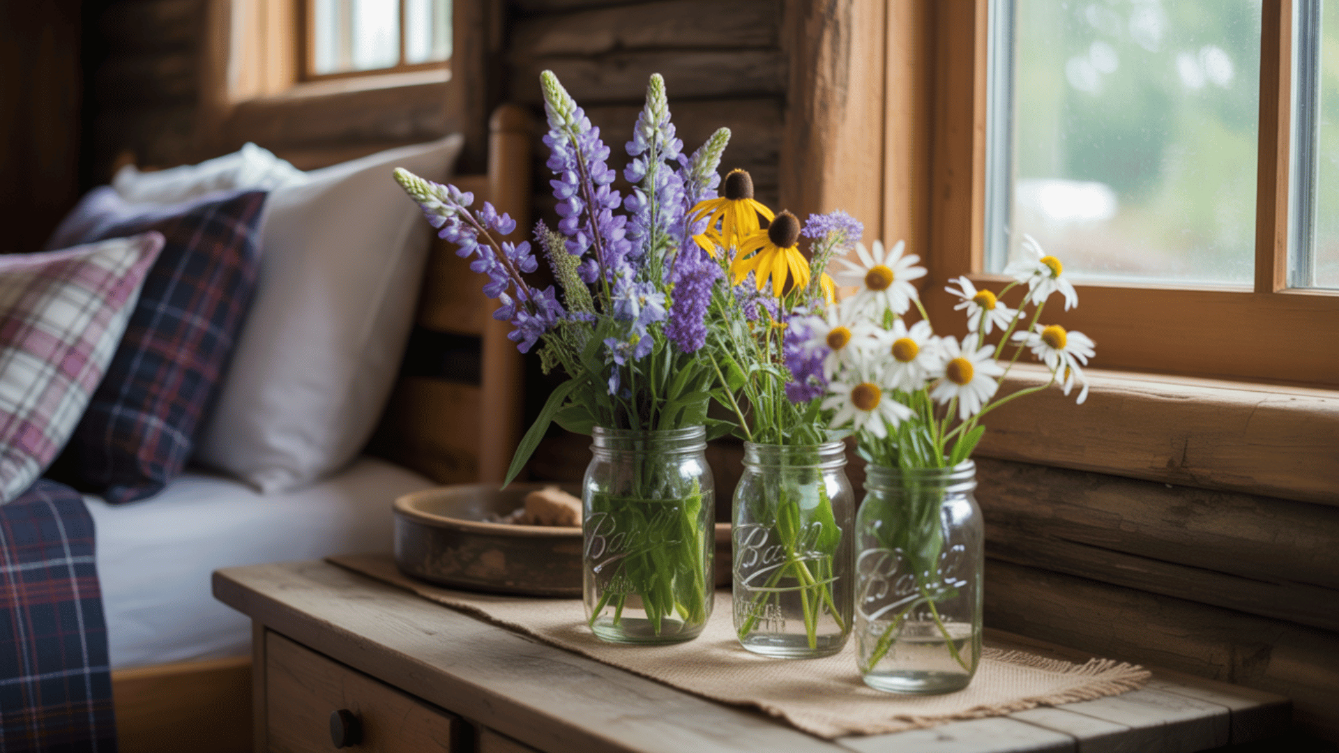 rustic cabin bedroom with a floral arrangement on the nightstand and natural light from the window.