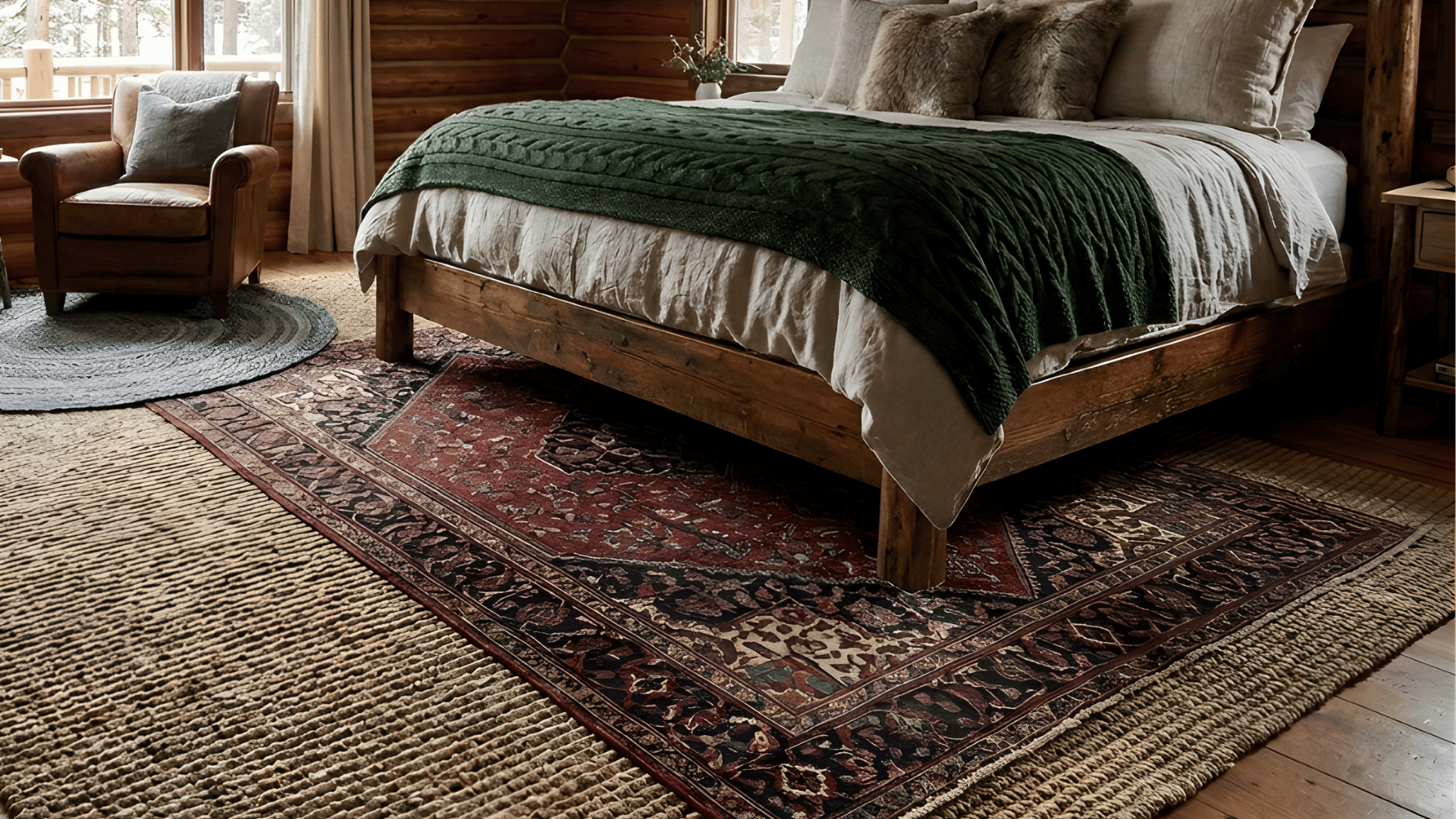 rustic cabin bedroom with a round woven rug (1)