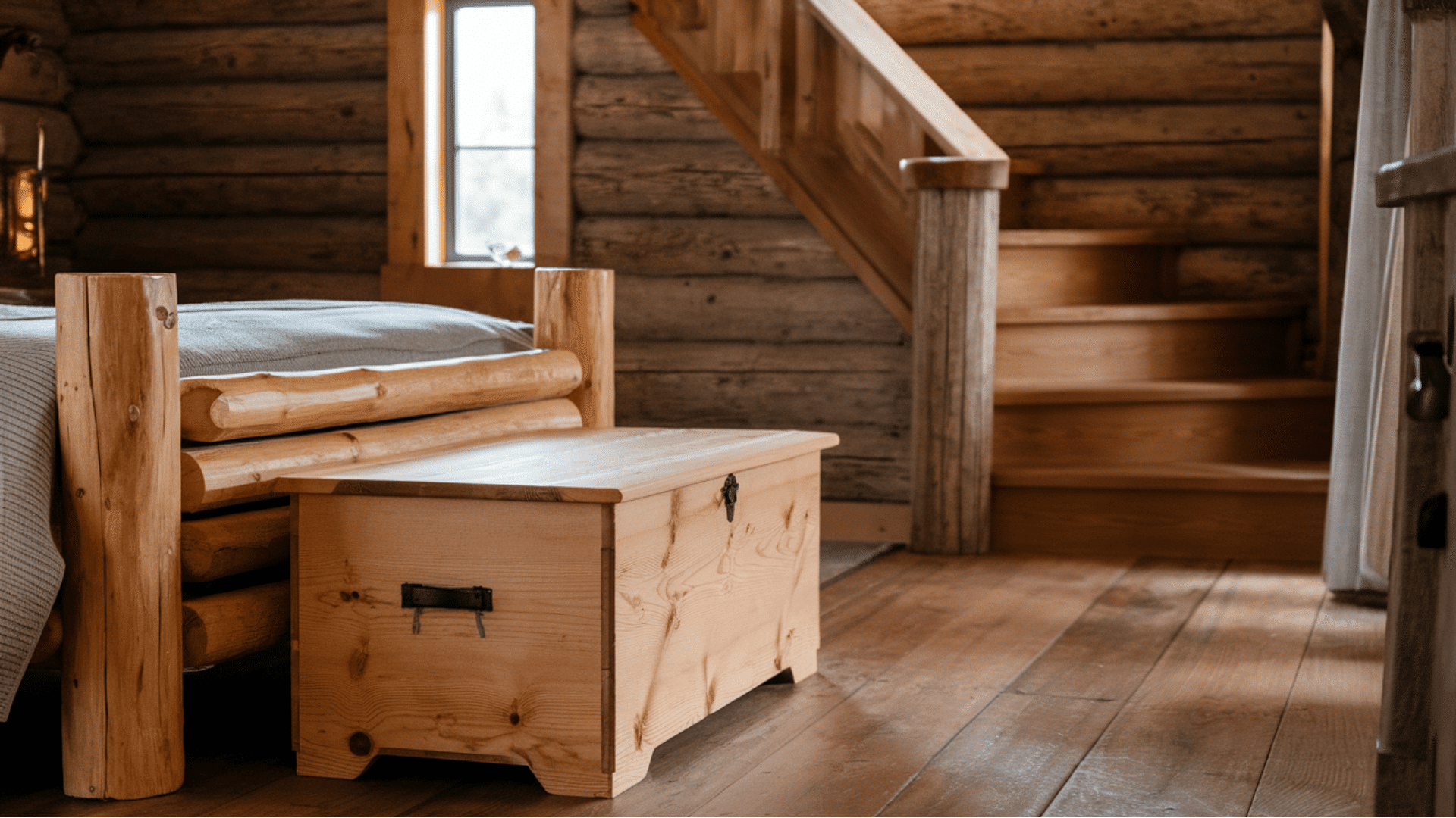 rustic cabin bedroom with a wooden chest and staircase in the background