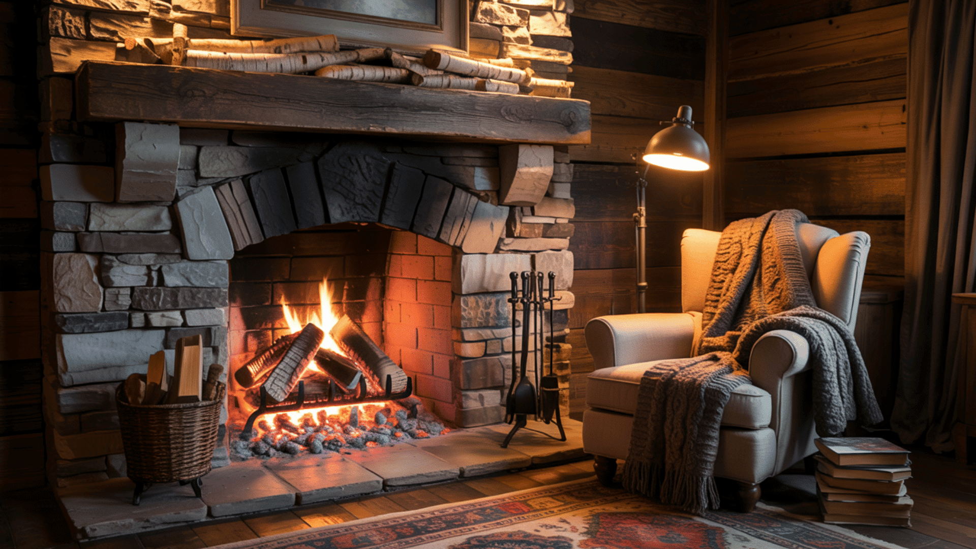 rustic cabin bedroom with warm lighting, wood details, and cozy textiles.