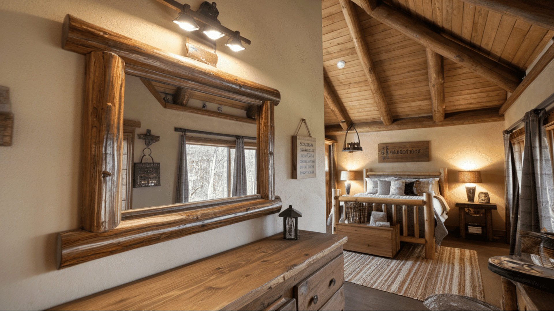 rustic cabin bedroom with wooden furnishings, a large mirror, and a comfortable bed.