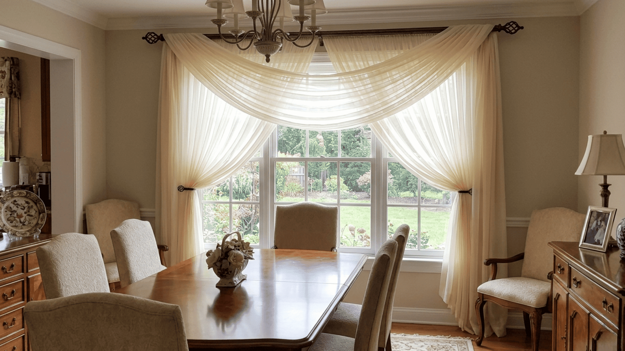 scarf drape curtain in a luxury dining room adding elegance to the room