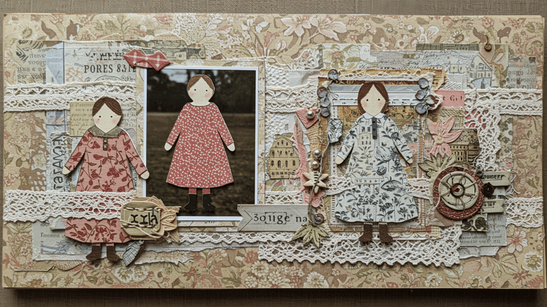 scrapbook-style journal spread featuring handmade paper dolls with patterned paper outfits, lace trim, layered textures, and decorative embellishments.