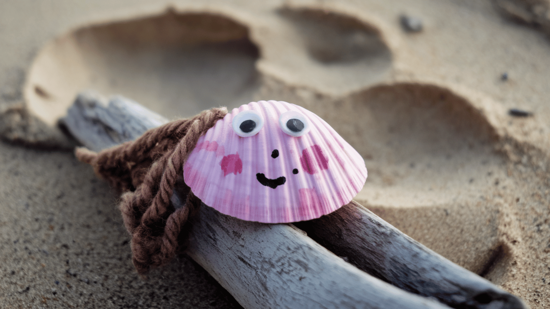 seashell painted with cute face drawn using markers, googly eyes glued, yarn for hair.