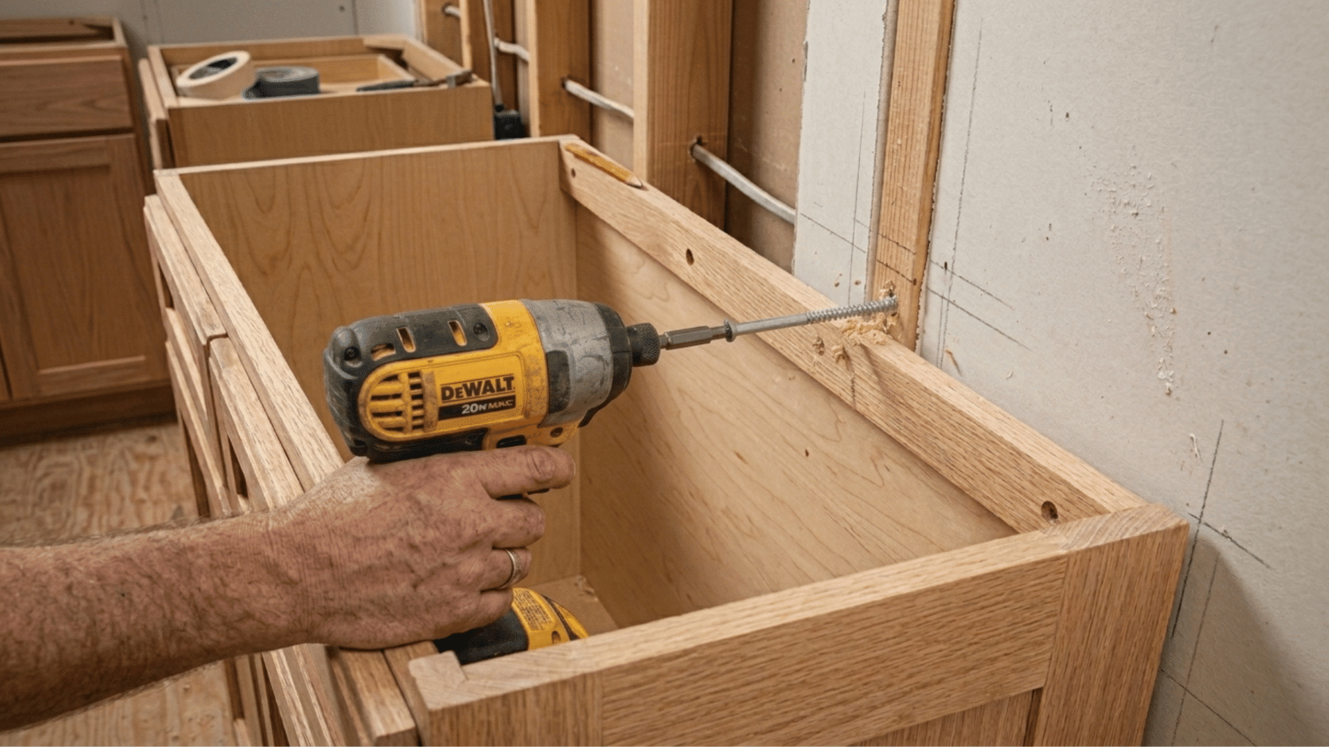 securing a base cabinet to the wall studs using a drill and screws to ensure a firm attachment