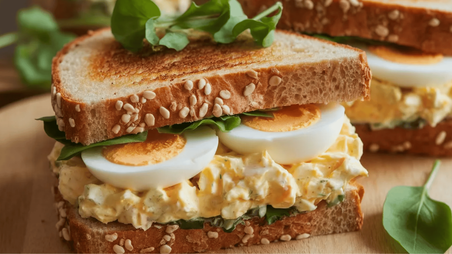 sesame seed sandwich with egg salad, sliced boiled eggs, and fresh spinach on toasted whole grain bread