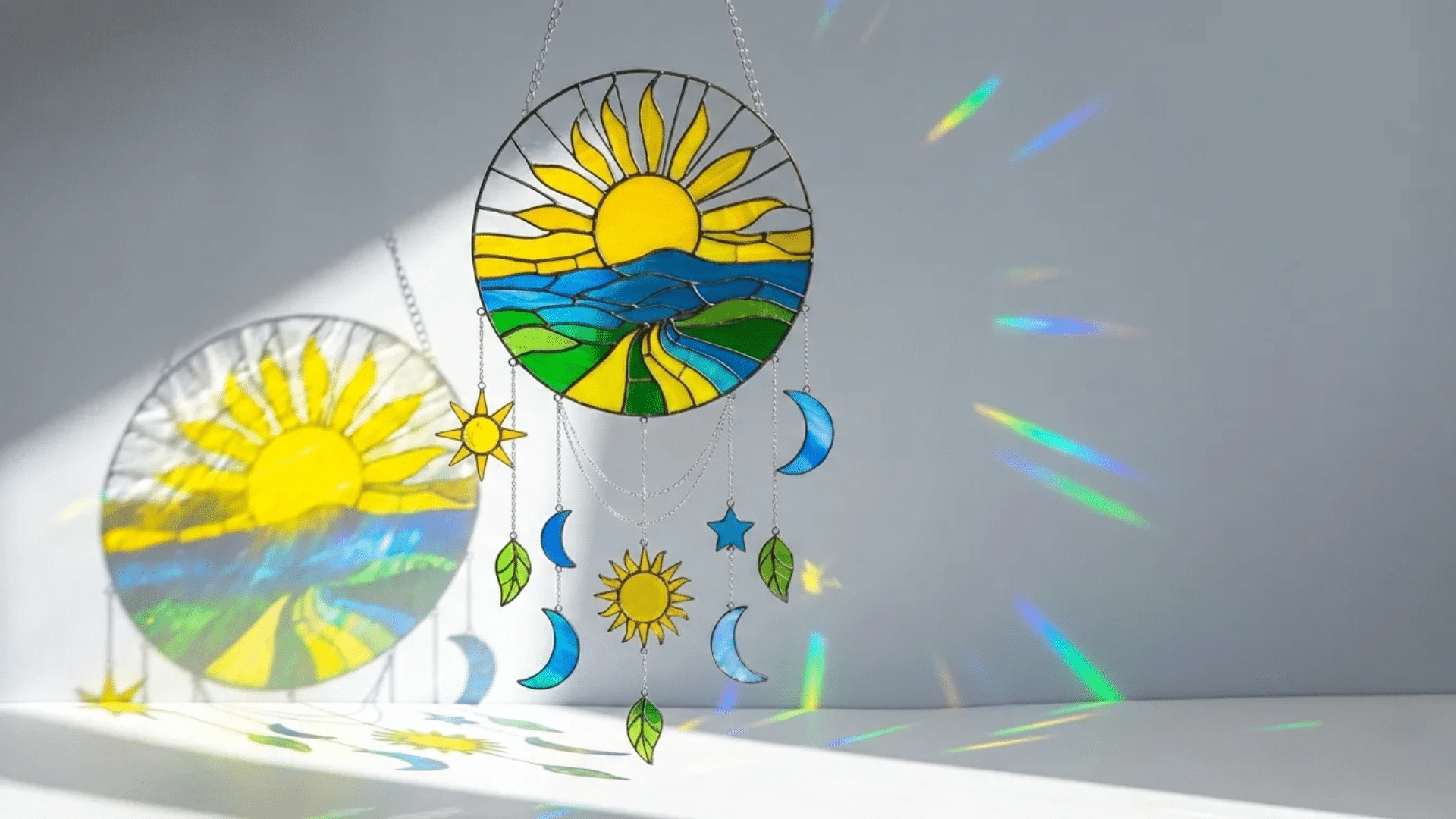 simple colored transparency sun and sea hanging from a stick on strings in front of a bright window