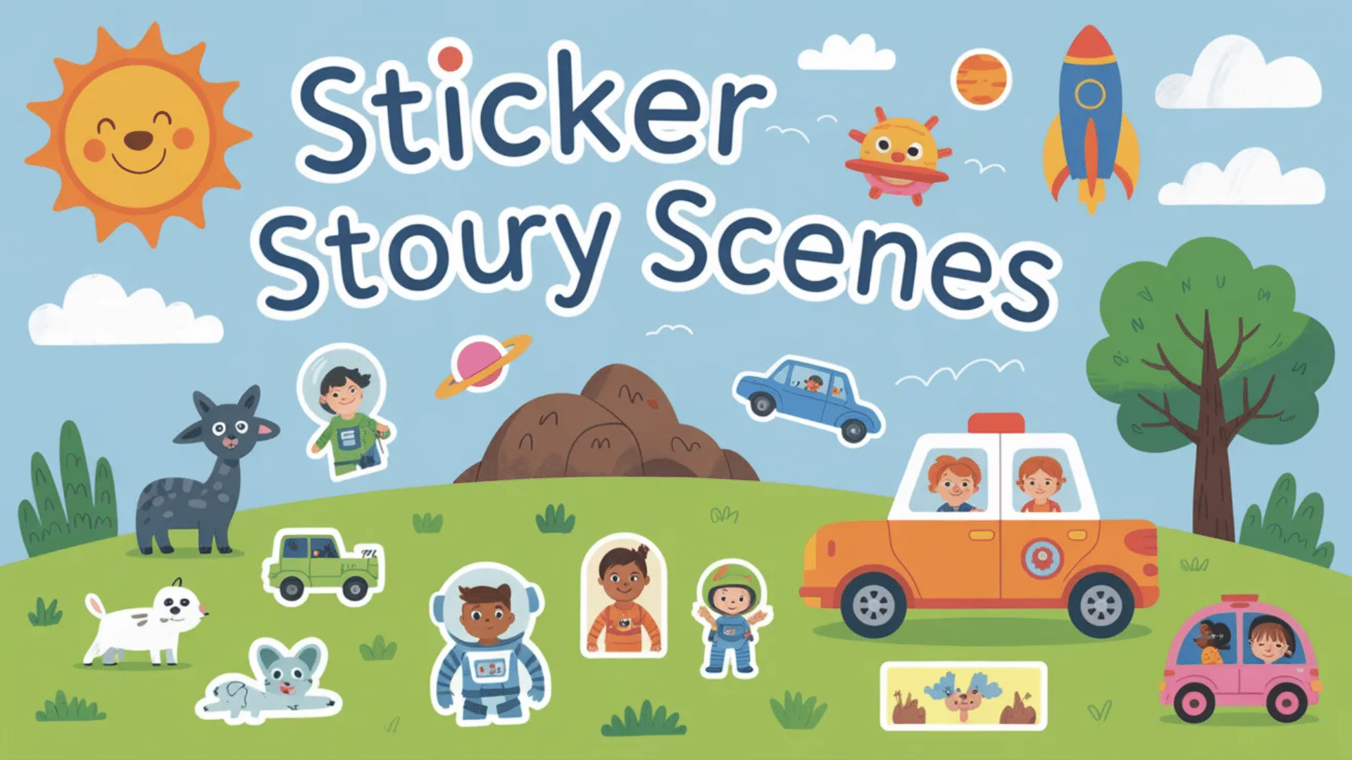 simple scene created on white paper using colorful sticker shapes arranged by a child