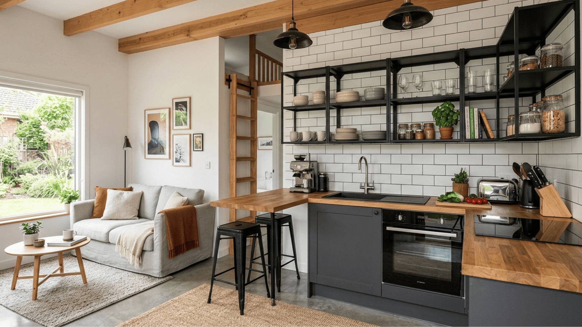 small open concept kitchen and living room with wood counter, black shelves and cozy sofa seating
