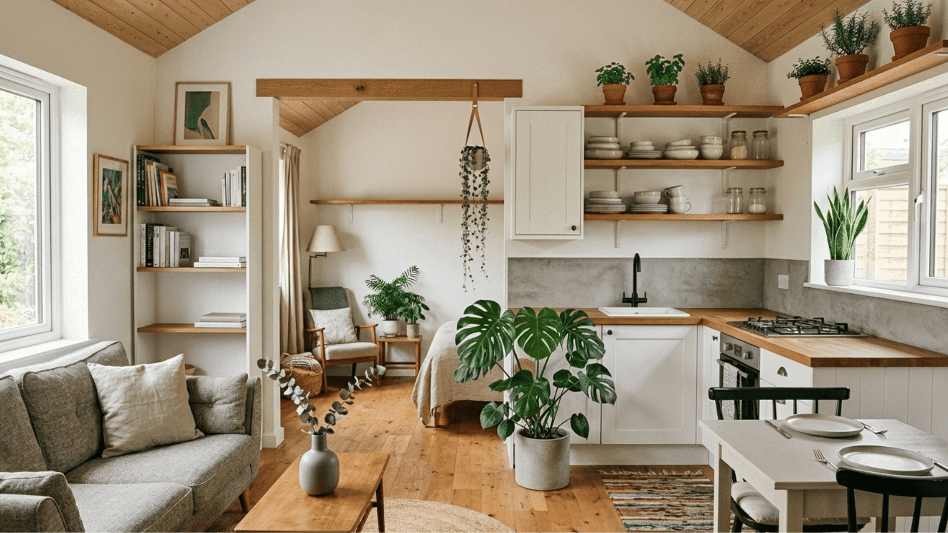 small open concept kitchen living room with plants, wood ceiling, shelves and cozy seating area