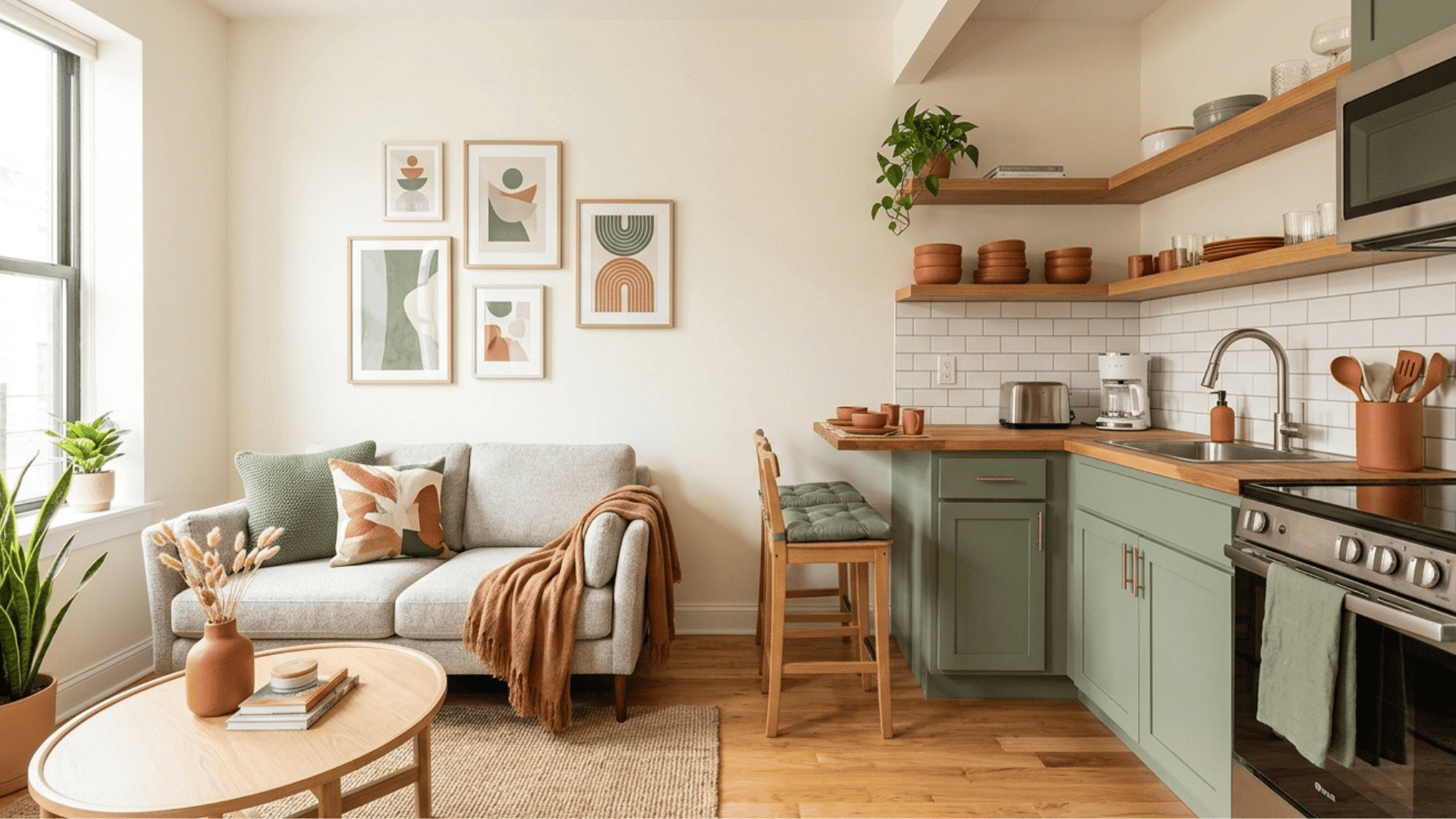 small open kitchen and living room with green cabinets, wall art and cozy sofa seating area