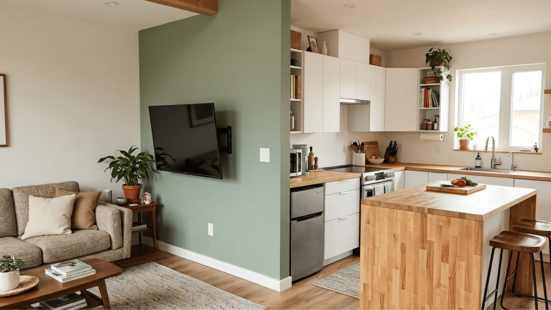 small open kitchen and living room with island seating and wall mounted tv divider