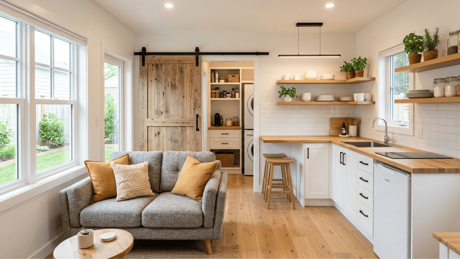 small open kitchen and living room with sliding barn door, wood shelves and cozy sofa seating