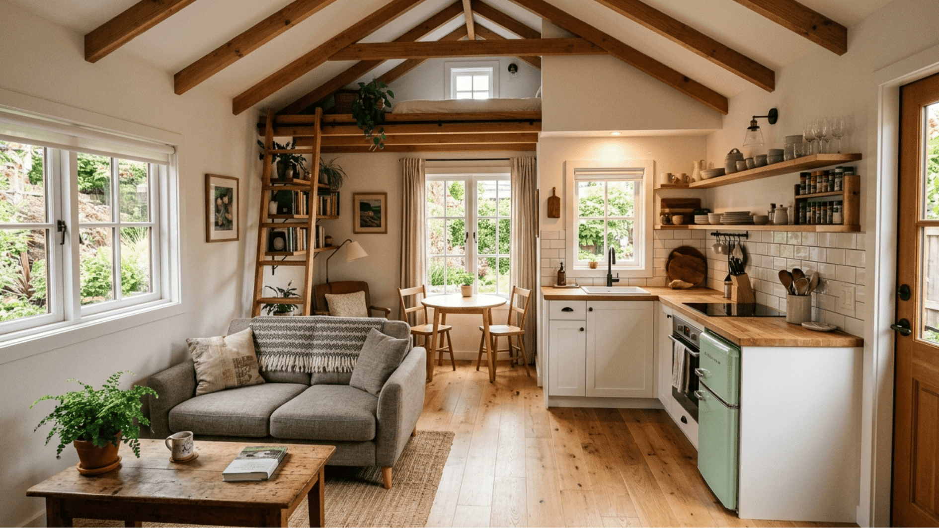 small house interior with loft bedroom, wooden beam , cozy living are , compact kitche , and natural light from large window .